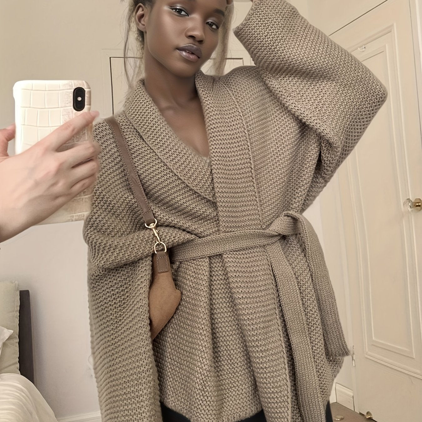 gbolsos Solid Open Front Belted Knit Cardigan, Vintage Long Sleeve Thick Loose Sweater, Women's Clothing