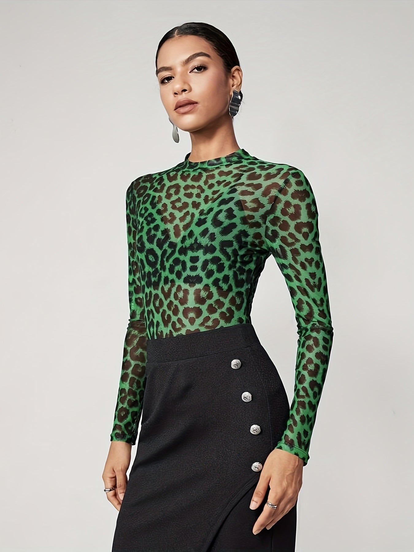 gbolsos Leopard Print Crew Neck T-Shirt, Y2K Long Sleeve Skinny T-Shirt For Every Day, Women's Clothing