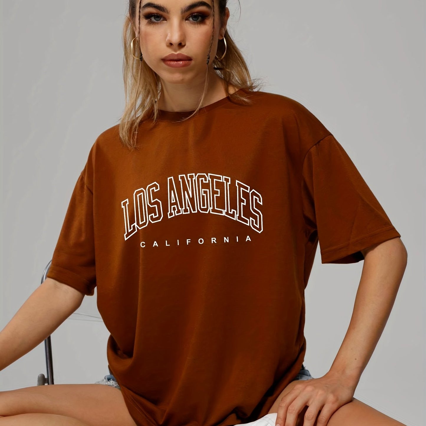 gbolsos Solid Color Letter Print Casual Sports T Shirt, Soft Crew Neck Short Sleeve Tee, Women's Clothing