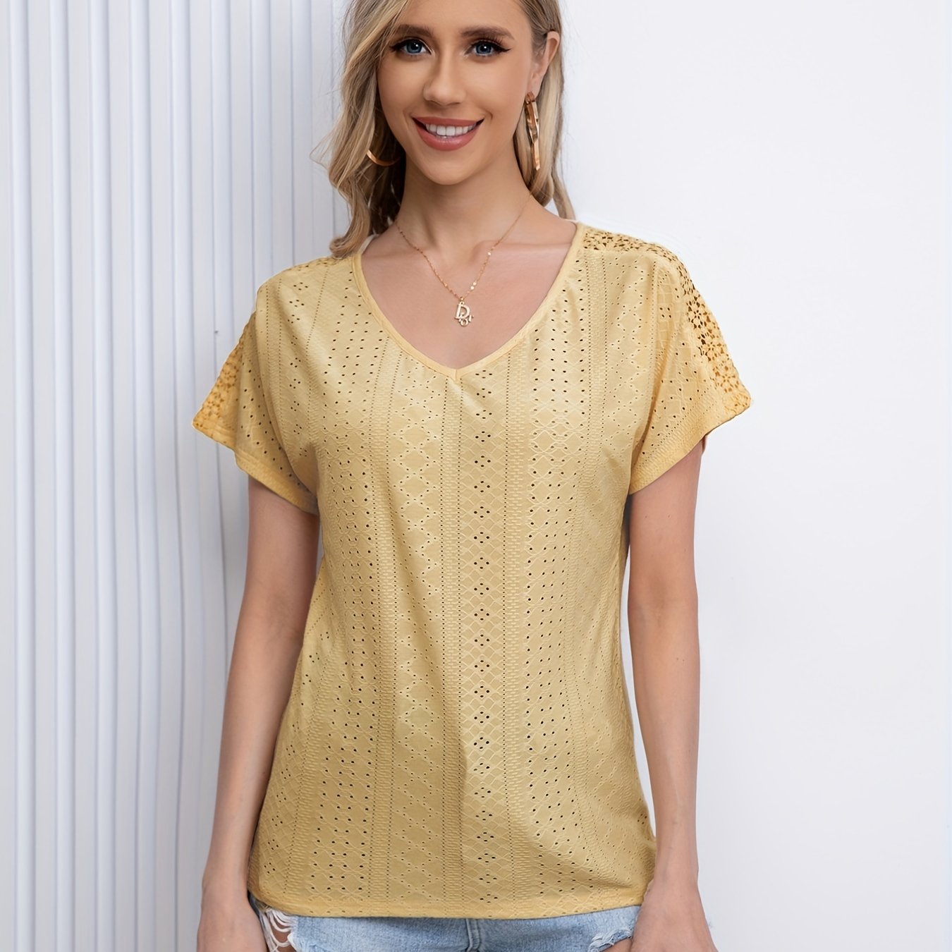 gbolsos V Neck Eyelet T-Shirt, Solid Short Sleeve Casual Top For Summer & Spring, Women's Clothing