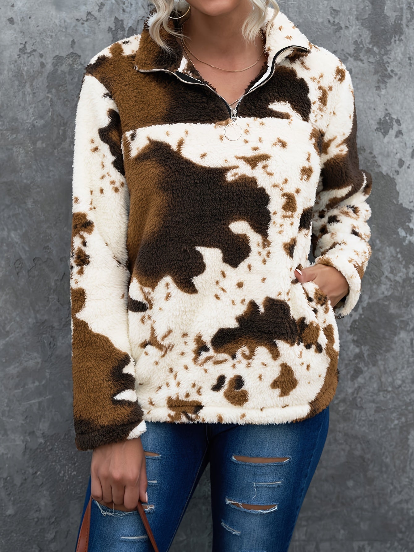 Fuzzy Cow Print Pullover Sweatshirt, Casual Long Sleeve Crew Neck Sweatshirt For Fall & Winter, Women's Clothing