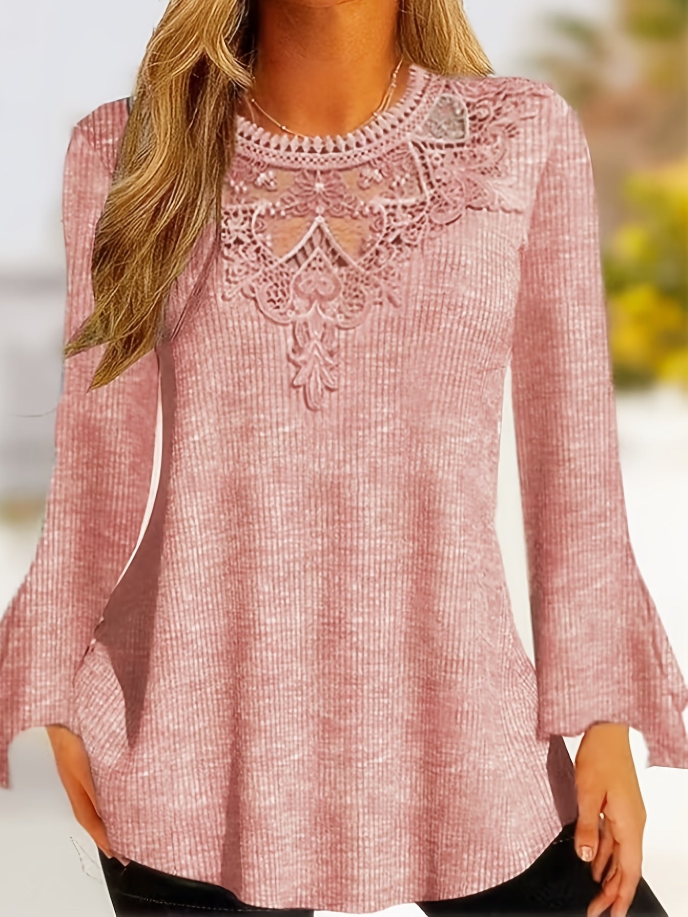 Plus Size Casual Top, Women's Plus Solid Contrast Lace Bell Sleeve Round Neck Medium Stretch Top