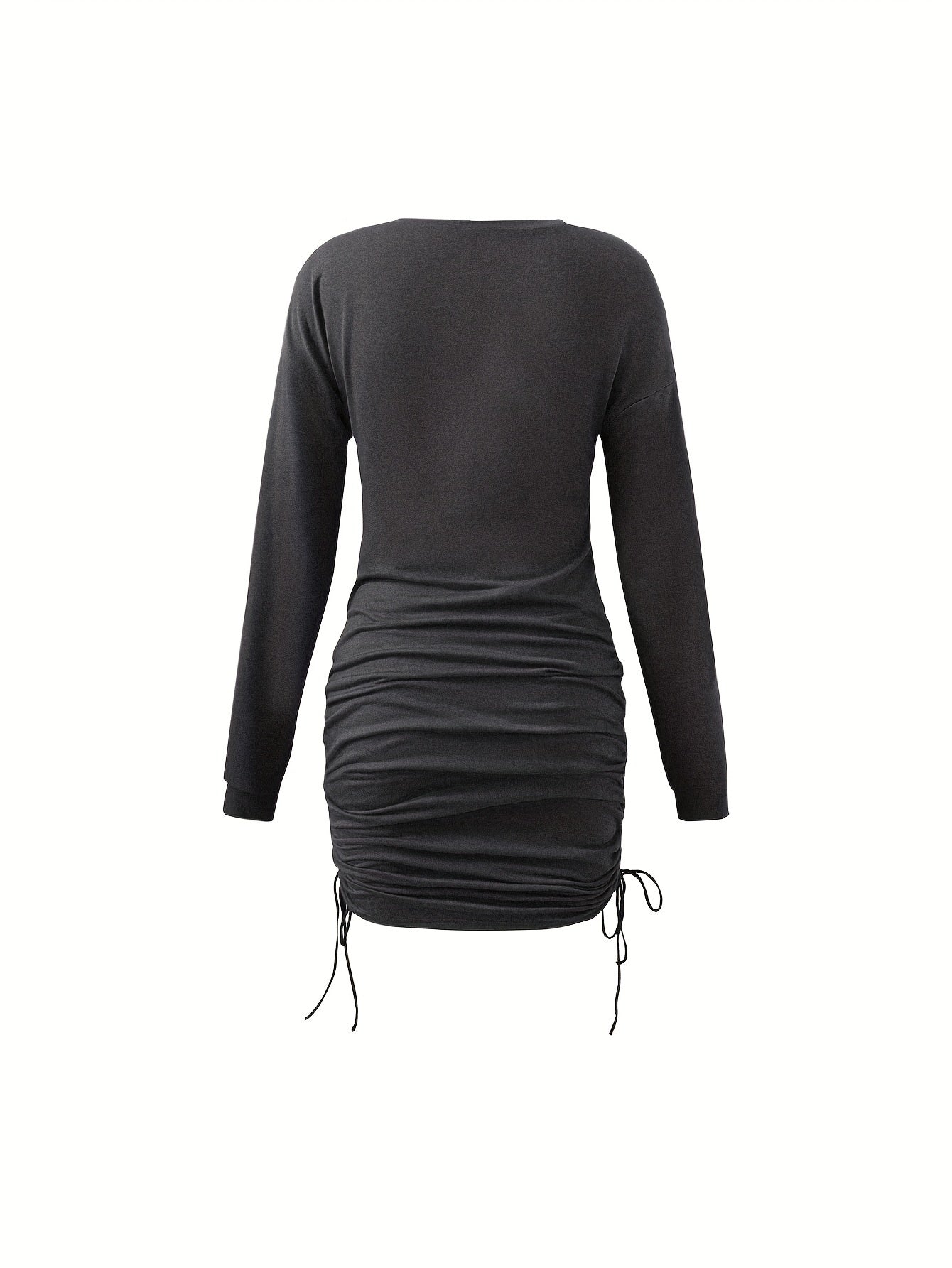Ruched Drawstring Dress, Casual Crew Neck Long Sleeve Dress, Women's Clothing