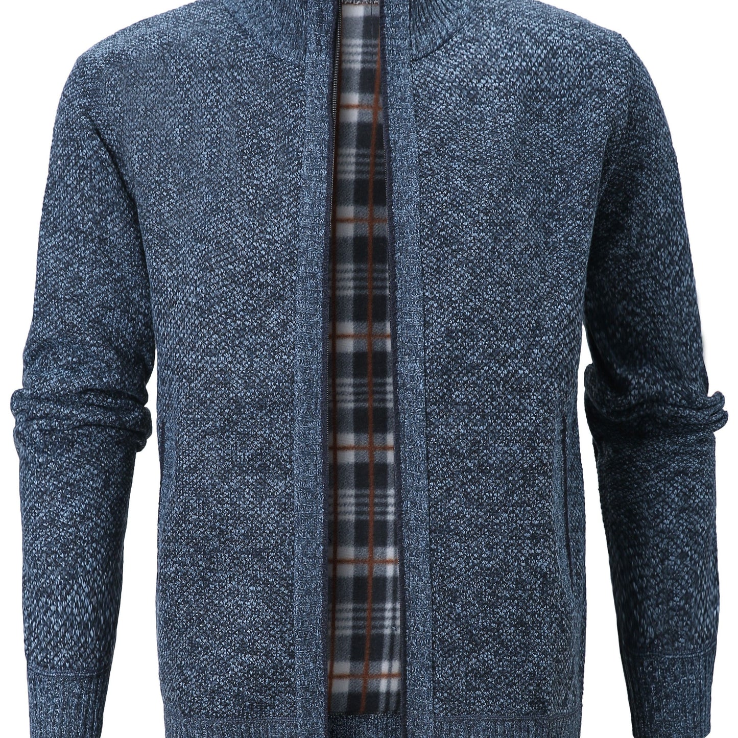 gbolsos Warm Zip Up Jacket Sweater, Men's Casual Lapel Mid Stretch Slant Pocket Solid Color Cardigan For Fall Winter