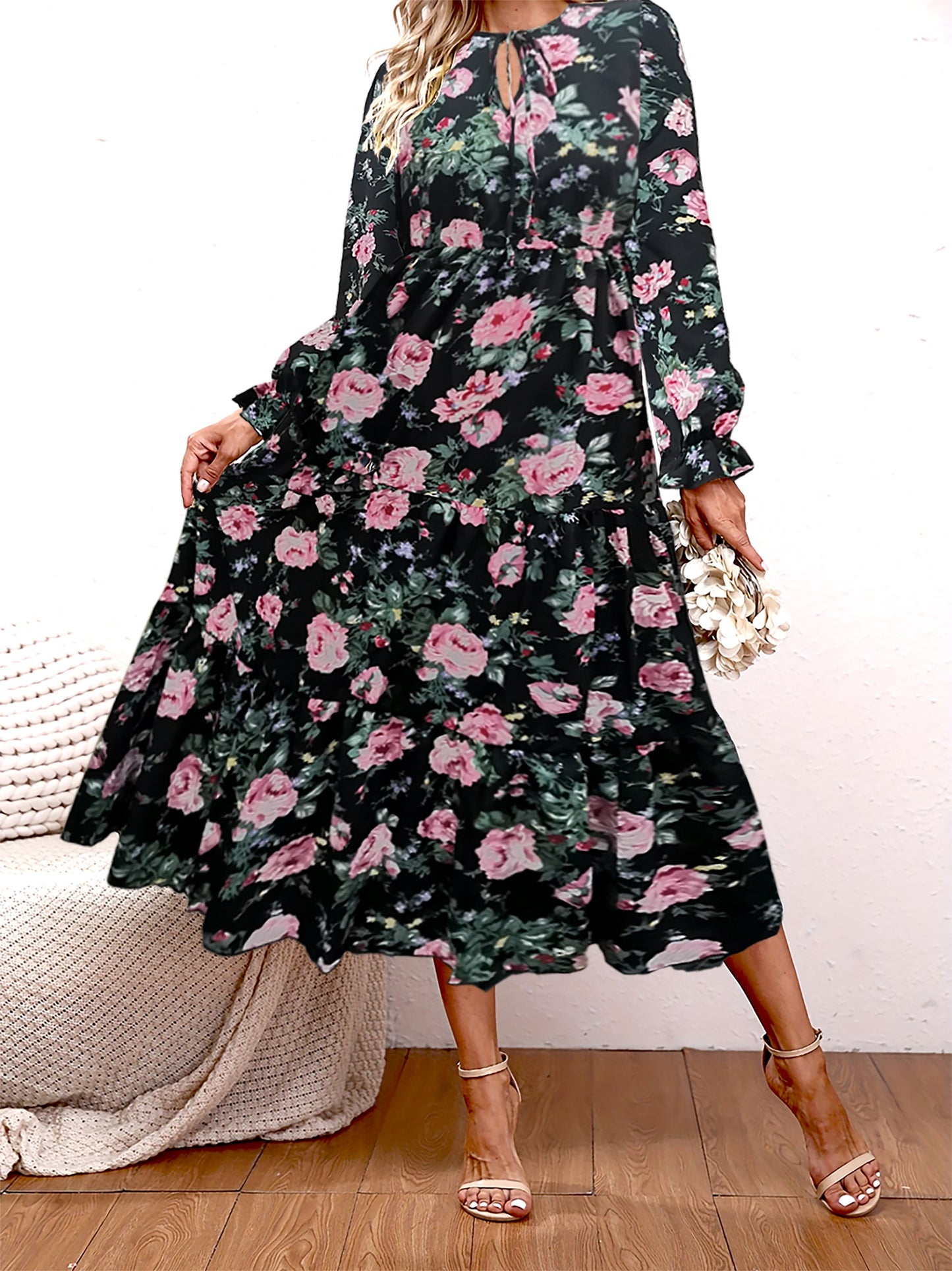 gbolsos Paisley Print High Waist Dress, Vintage Crew Neck Long Sleeve Maxi Dress, Women's Clothing
