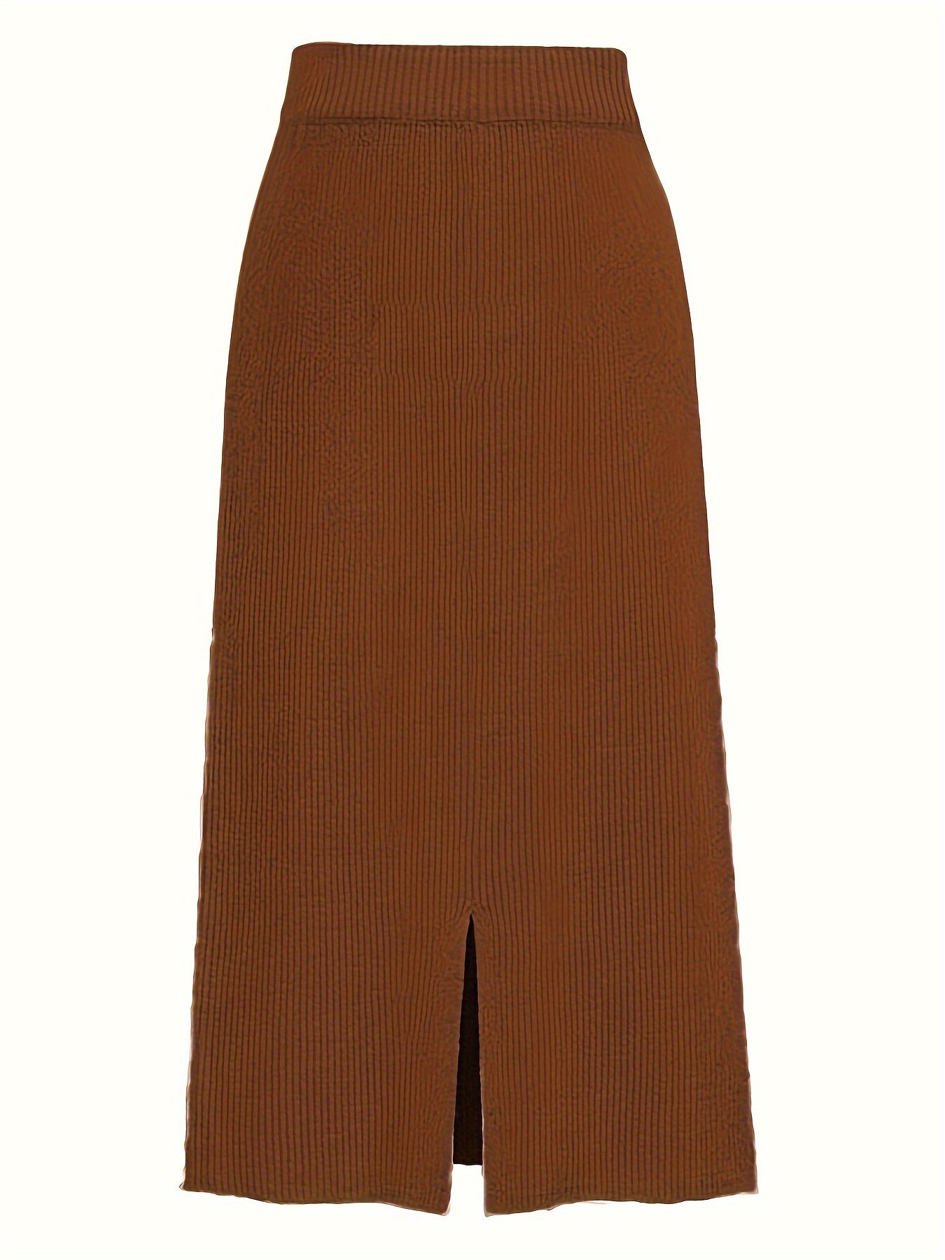 gbolsos Plus Size Elegant Knit Skirt, Women's Plus Solid Ribbed High Rise High Stretch Split Hem Midi Maxi Skirt