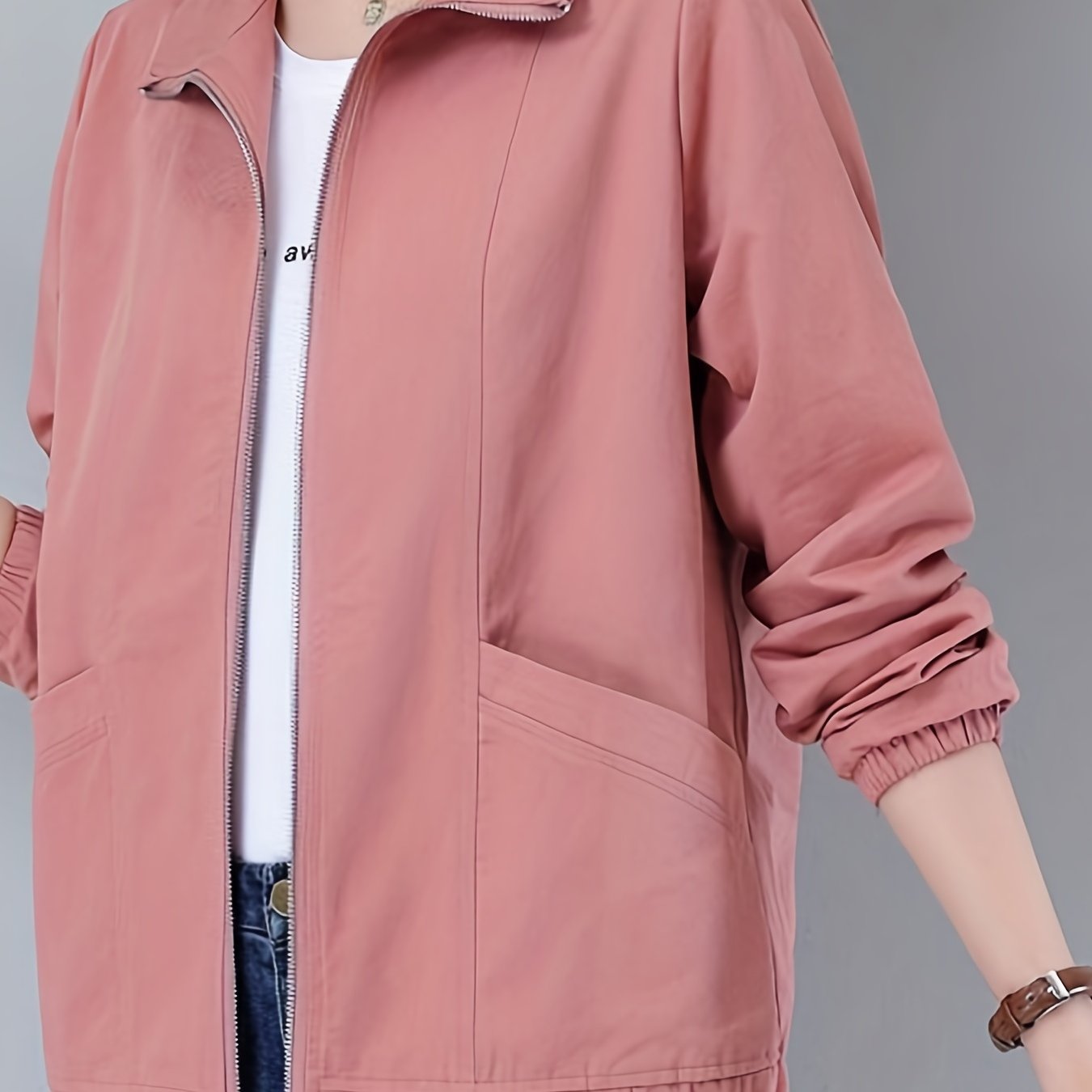 gbolsos Zip Up Pocket Front Jacket, Casual Long Sleeve Solid Outerwear, Women's Clothing