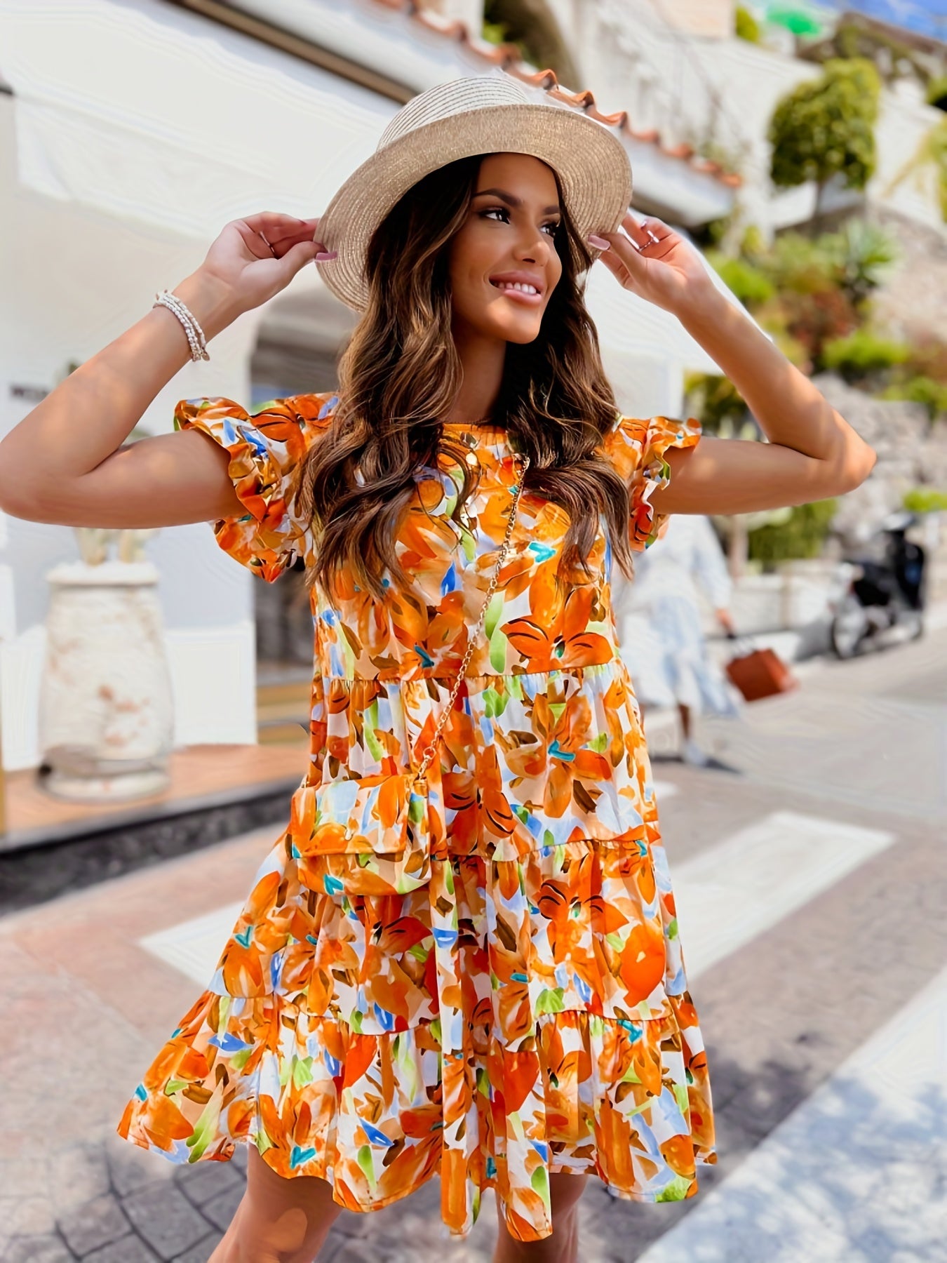Floral Print Short Sleeve Dress, Vacation Crew Neck Casual Dress For Spring & Summer, Women's Clothing