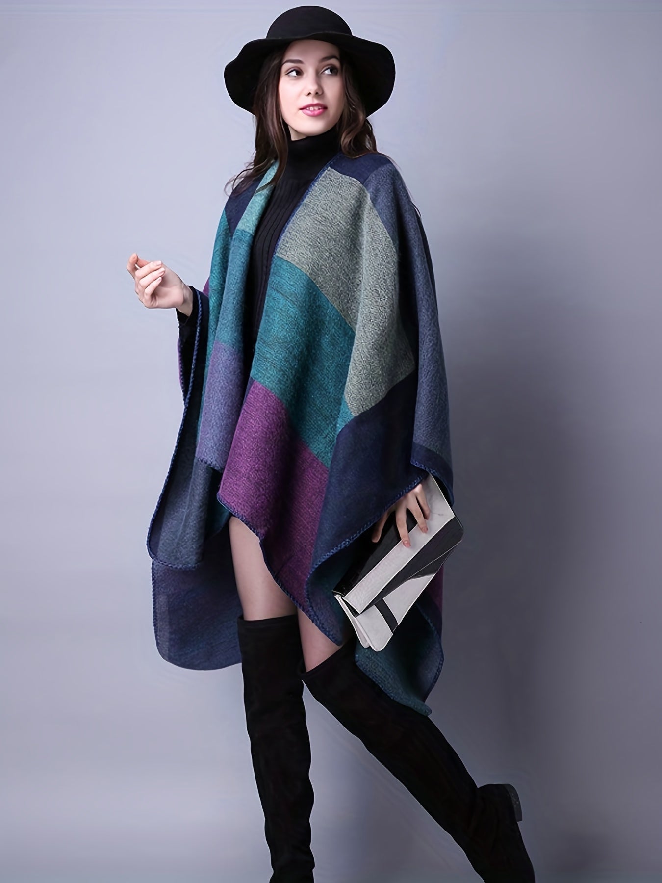 Plus Size Casual Coat, Women's Plus Colorblock Batwing Sleeve Open Front Slight Stretch Cape Coat