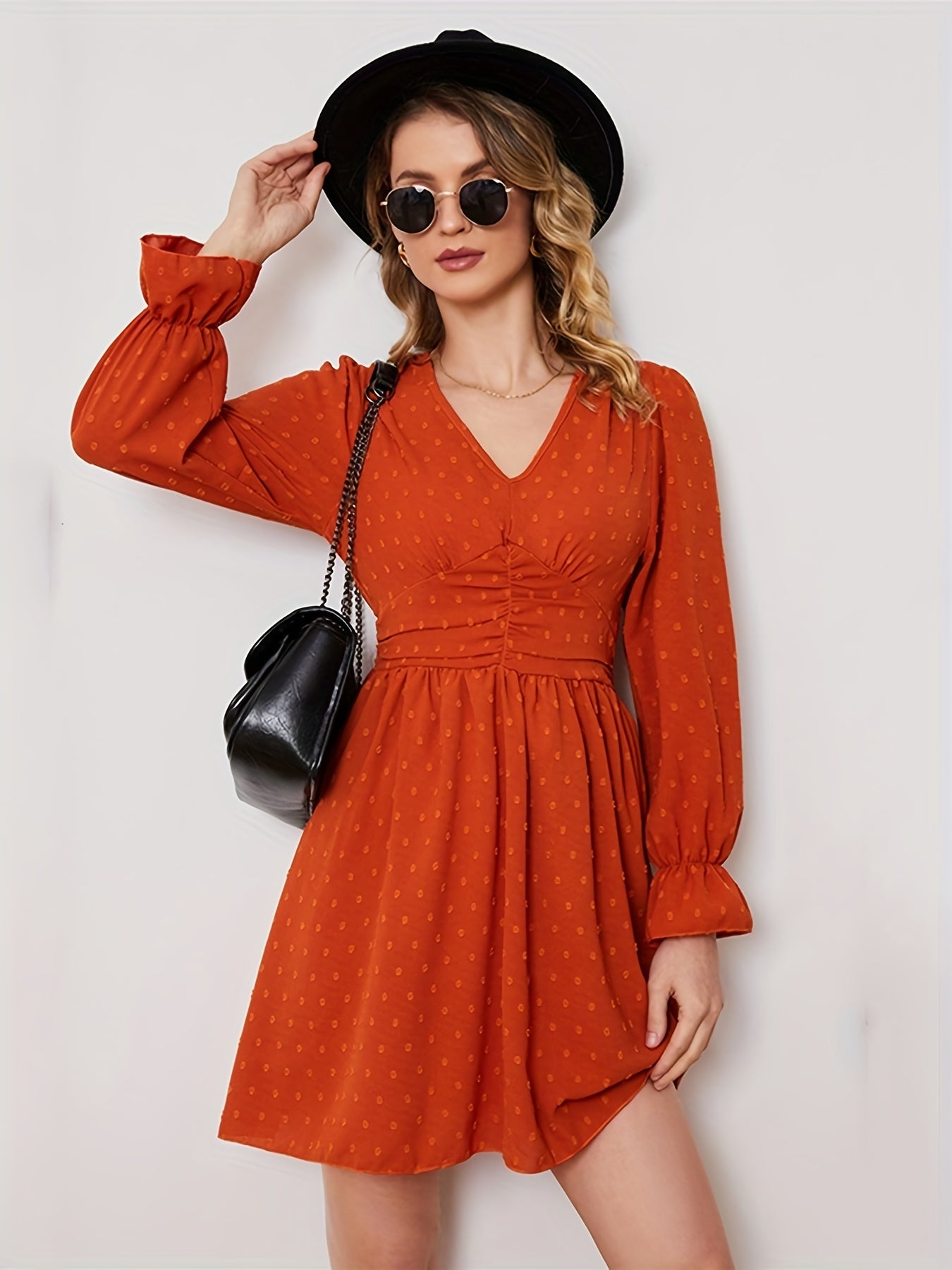 Polka Dot Ruched Dress, Casual Solid V Neck High Waist Long Sleeve Mini Dress, Women's Clothing