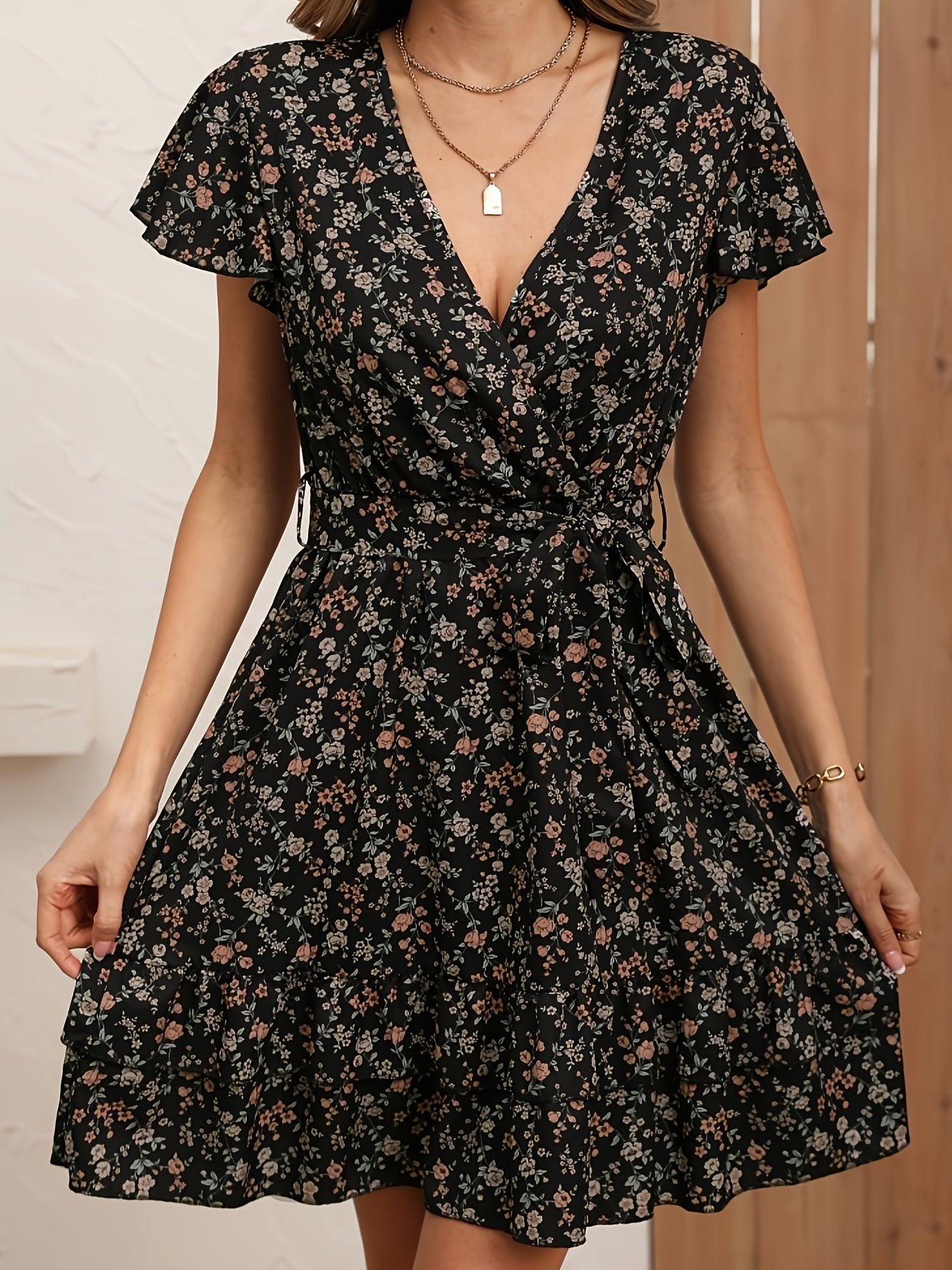 gbolsos Floral Print Layered Hem Belted Dress, Boho V Neck Short Sleeve Dress, Women's Clothing