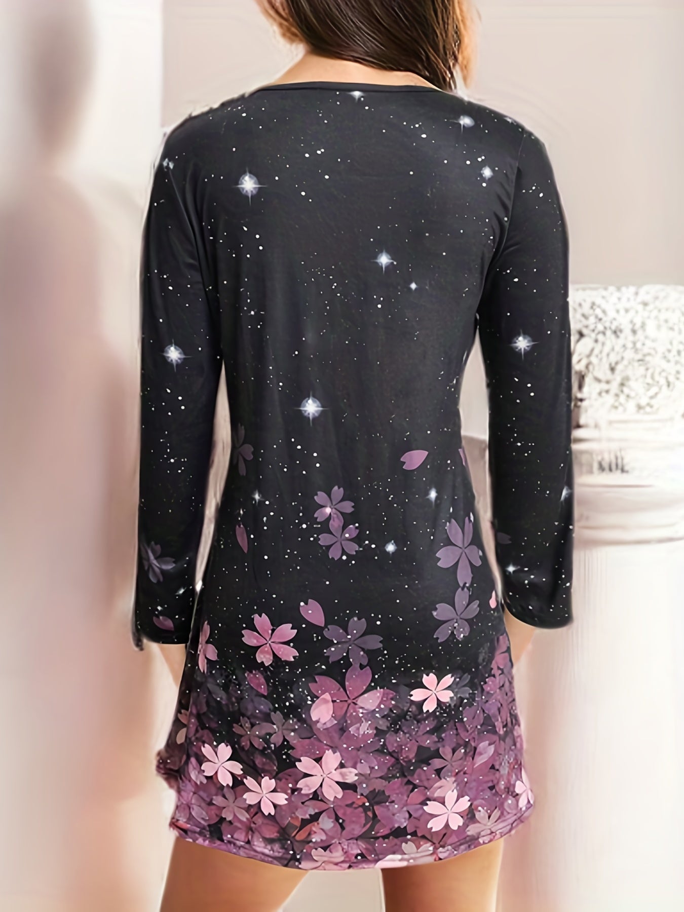 gbolsos Floral Print Round Neck Dress, Casual Long Sleeve Dress For Spring & Summer, Women's Clothing