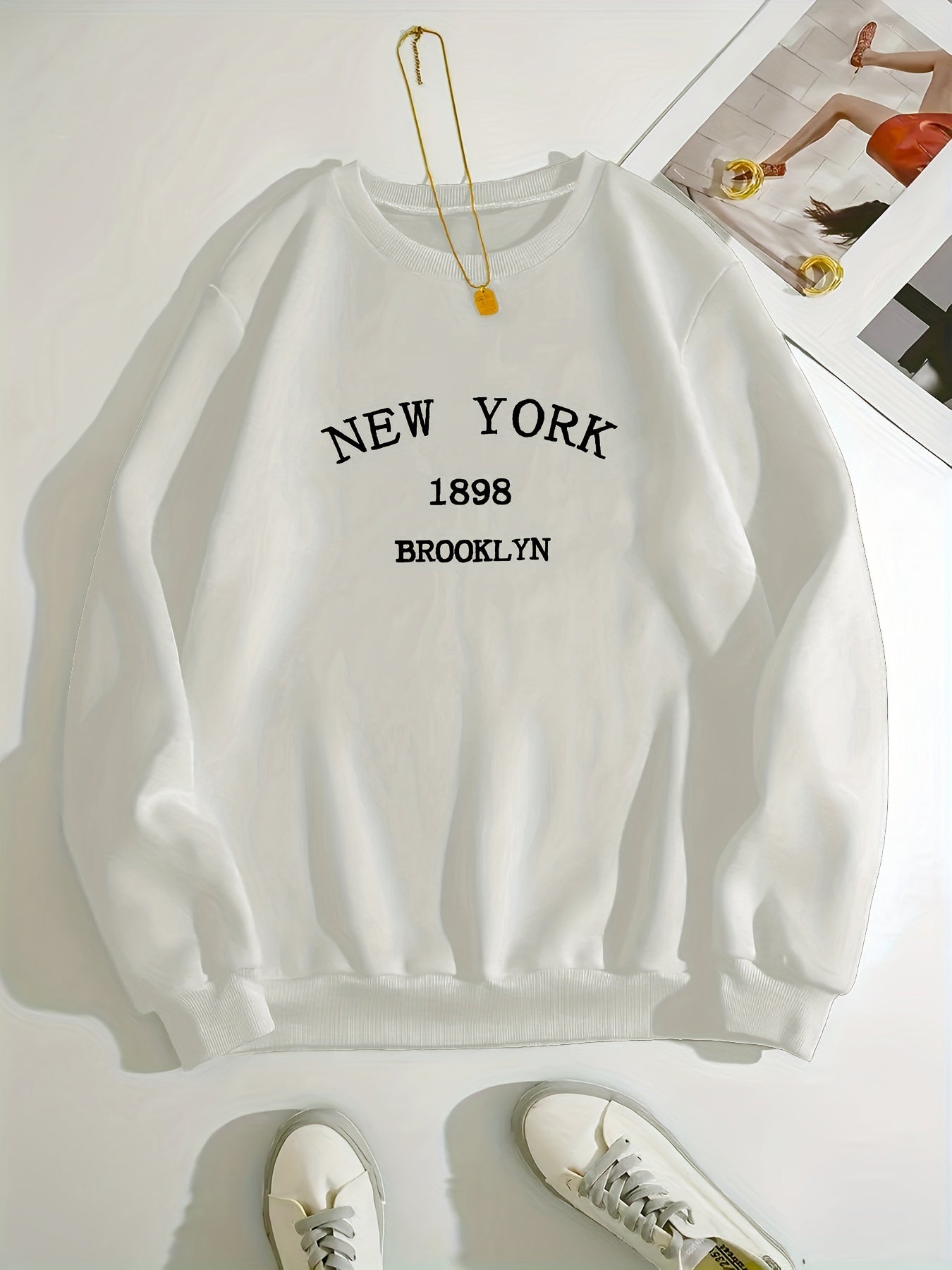 New York Brooklyn Print Loose Sweatshirt, Casual Long Sleeve Crew Neck Sweatshirt, Women's Clothing