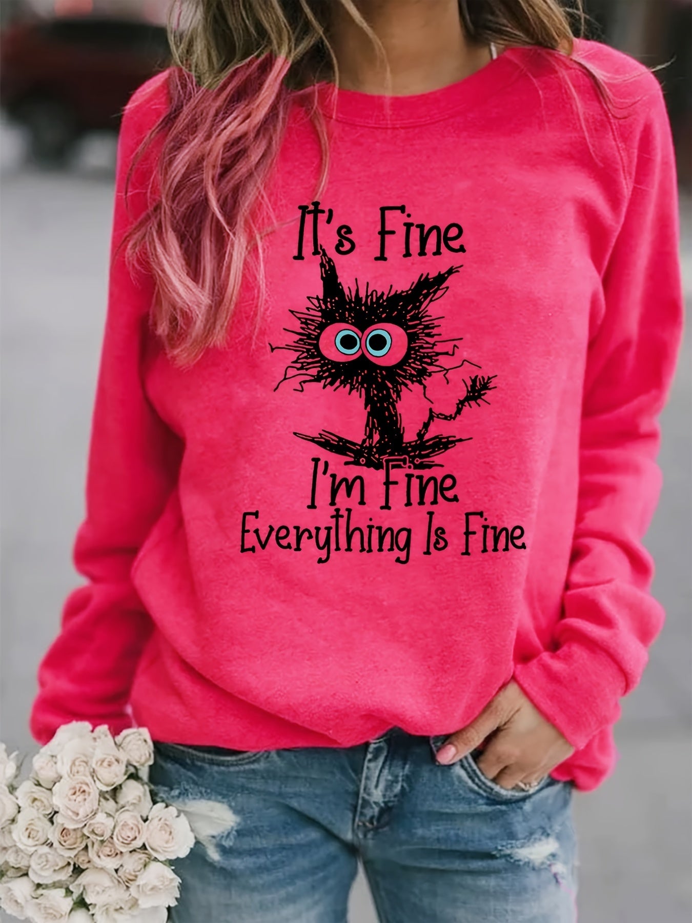 gbolsos It's Fine Cartoon Cat Print Sweatshirt, Long Sleeve Crew Neck Casual Sweatshirt For Winter & Fall, Women's Clothing