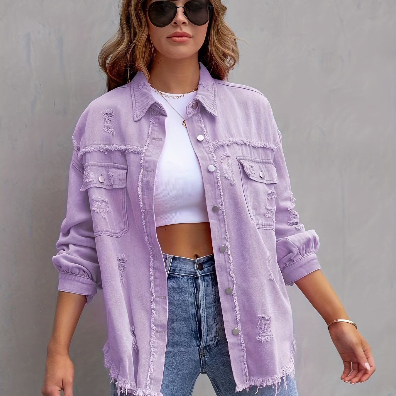 gbolsos Ripped Raw Edge Oversized Denim Jacket, Distressed Collar Long Sleeves Denim Coat, Flap Pockets Single-breasted Button Up Loose Denim Jacket, Women's Denim Jeans & Clothing