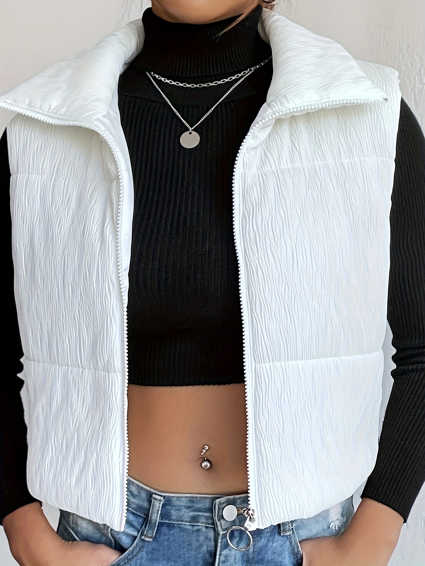 Texture Sleeveless Parka, Zip Up Solid Casual Outwear For Fall & Winter, Women's Clothing