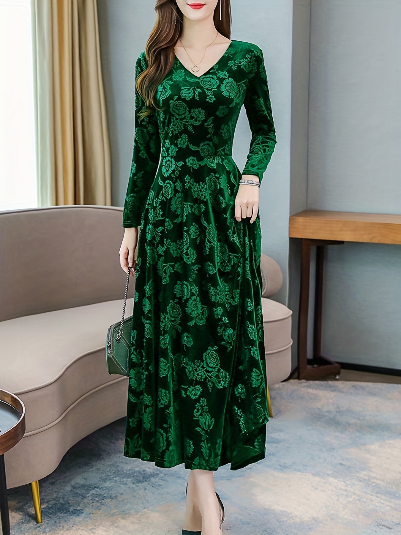 gbolsos Floral Pattern Maxi Dress, Elegant V Neck Long Sleeve Dress, Women's Clothing