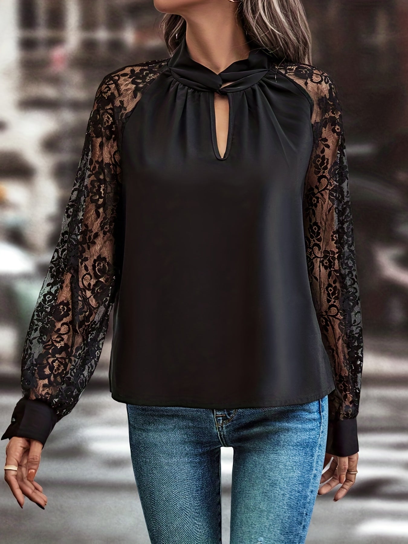 gbolsos Floral Lace Stitching Blouse, Casual Long Sleeve Blouse For Spring & Fall, Women's Clothing