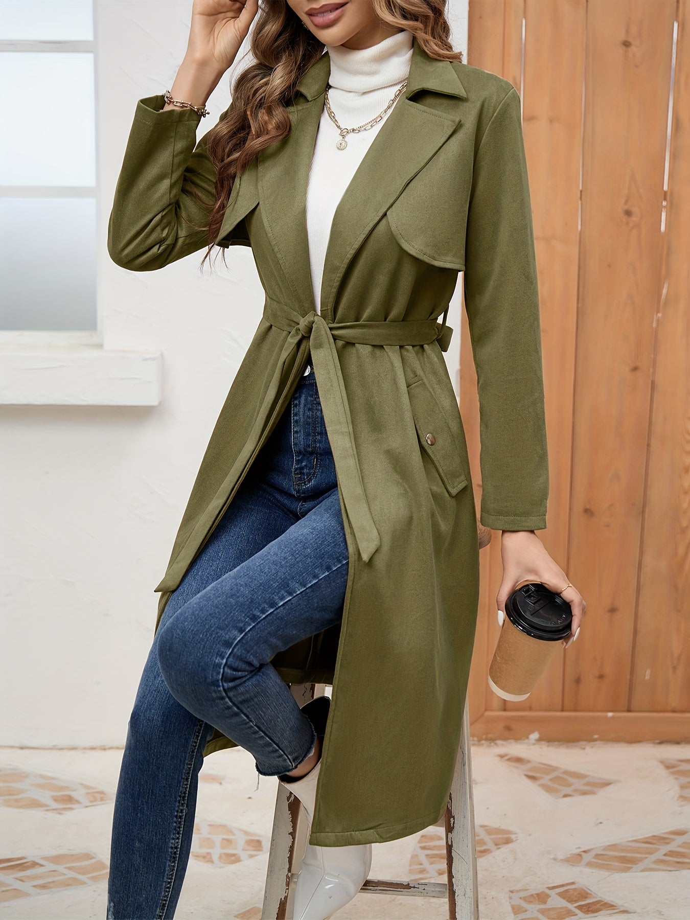 Comfy Belted Trench Coat, Elegant Lapel Neck Long Sleeve Coat, Women's Clothing