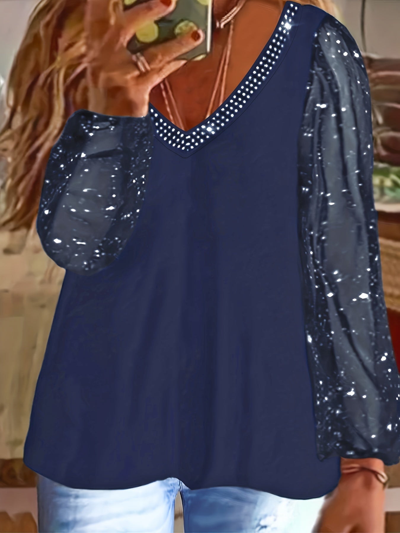 Plus Size Sexy Top, Women's Plus Solid Contrast Mesh Sequins & Rhinestone Decor Long Sleeve V Neck Top