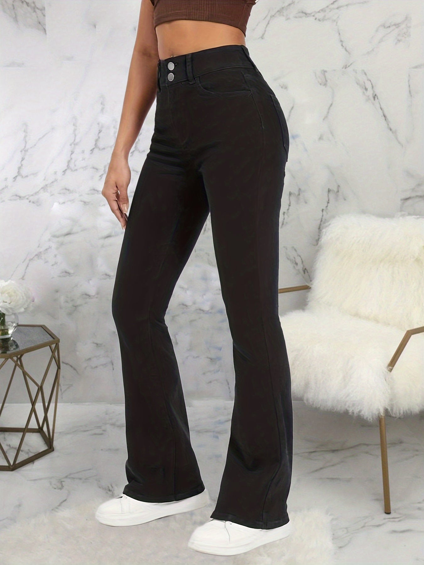 gbolsos Plain Double Button Wide Leg Jeans, High Rise Mid Strech Street Style Flare Denim Pants, Women's Denim Jeans & Clothing