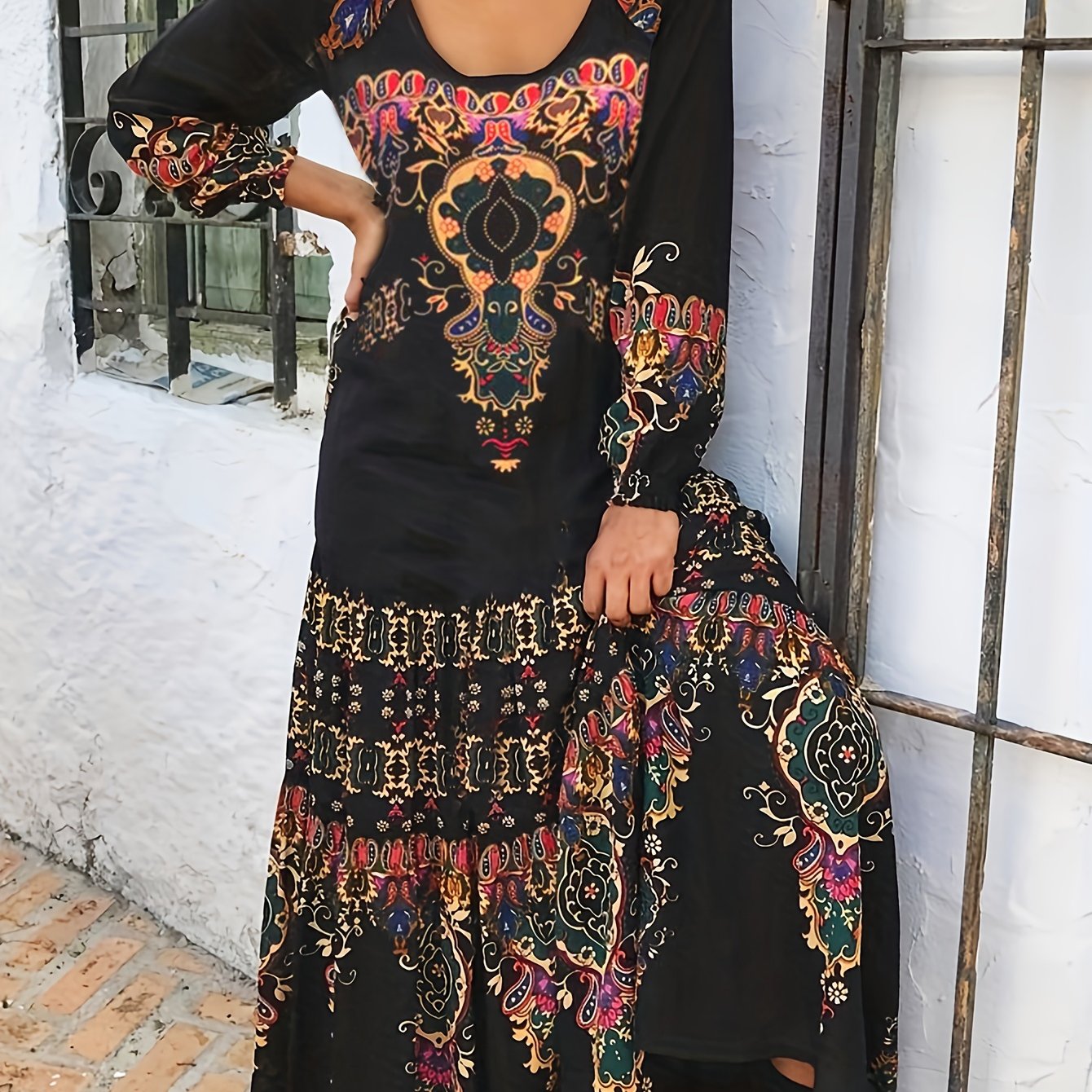gbolsos Ethnic Print Lantern Sleeve Dress, Casual Crew Neck Dress For Spring & Fall, Women's Clothing