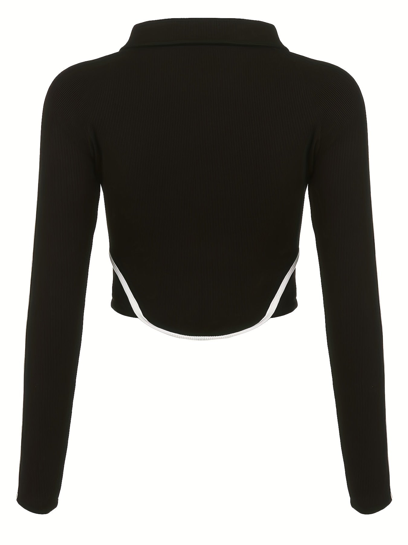 kkboxly Colorblock Ribbed Zip Front Crop T-Shirt, Y2K Long Sleeve Top For Spring & Fall, Women's Clothing