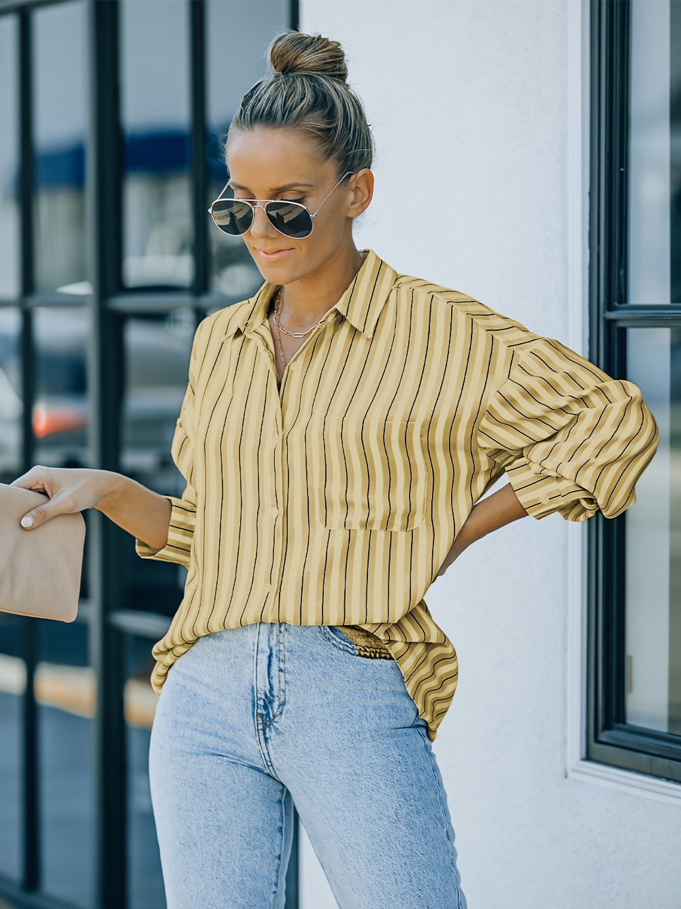 gbolsos Striped Collar Buttons Shirt, Casual Pockets Long Sleeve Drop Shoulder Shirt, Women's Clothing