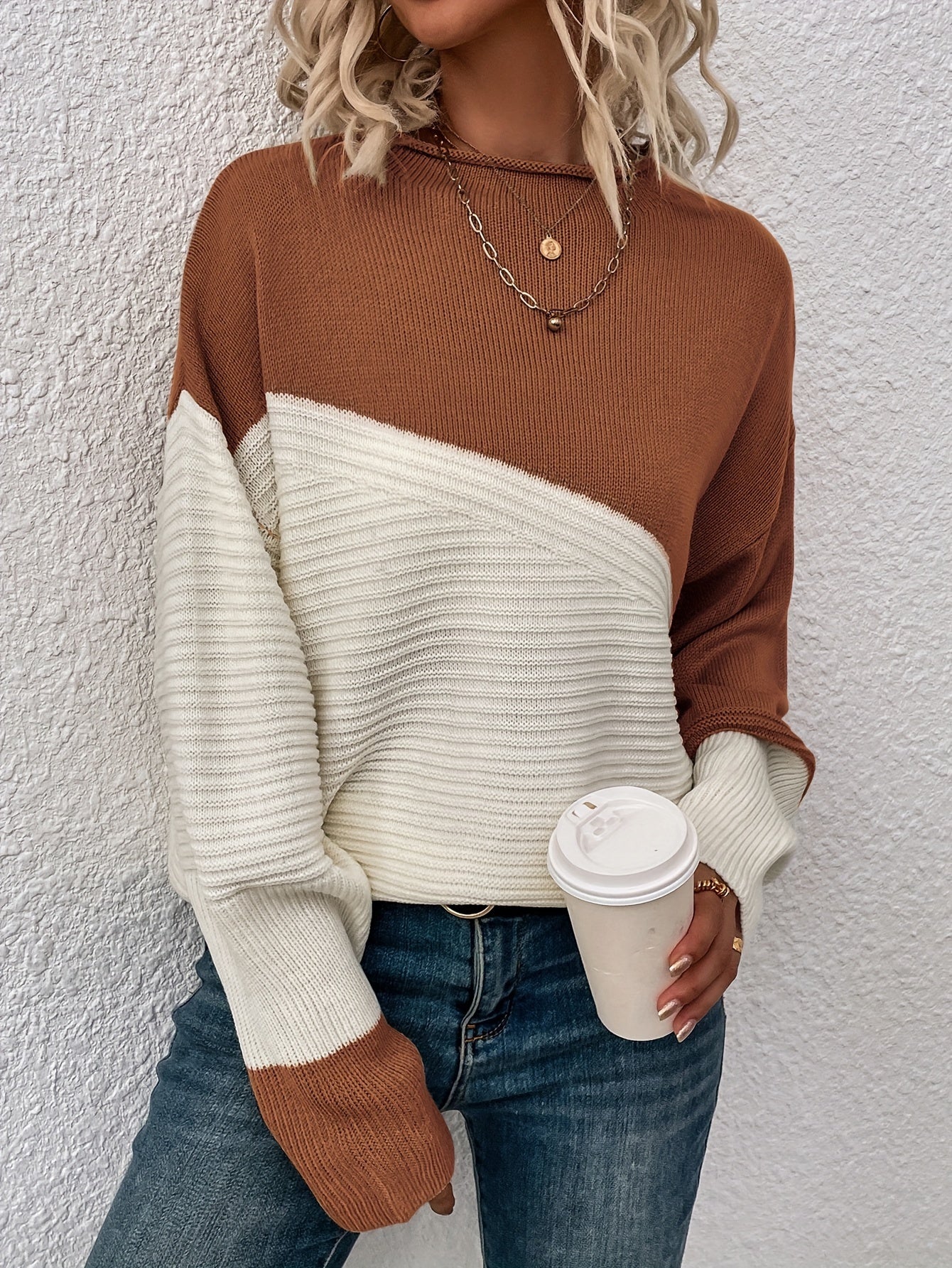 gbolsos Color Block Loose Pullover Sweater, Elegant Long Sleeve Drop Shoulder Sweater, Women's Clothing