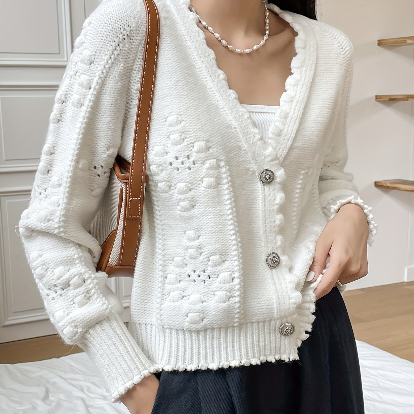 gbolsos V Neck Loose Cardigans, Casual Solid Drop Shoulder Long Sleeve Spring Fall Knit Cardigan, Women's Clothing