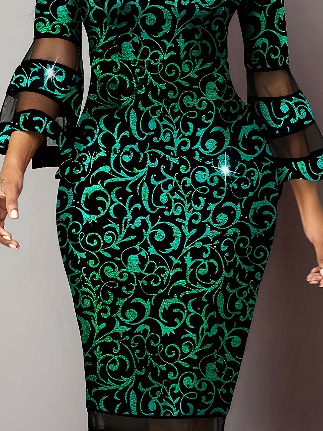 gbolsos Plus Size Elegant Dress, Women's Plus Braque Print Contrast Mesh Trumpet Sleeve V Neck Slim Fit Party Dress