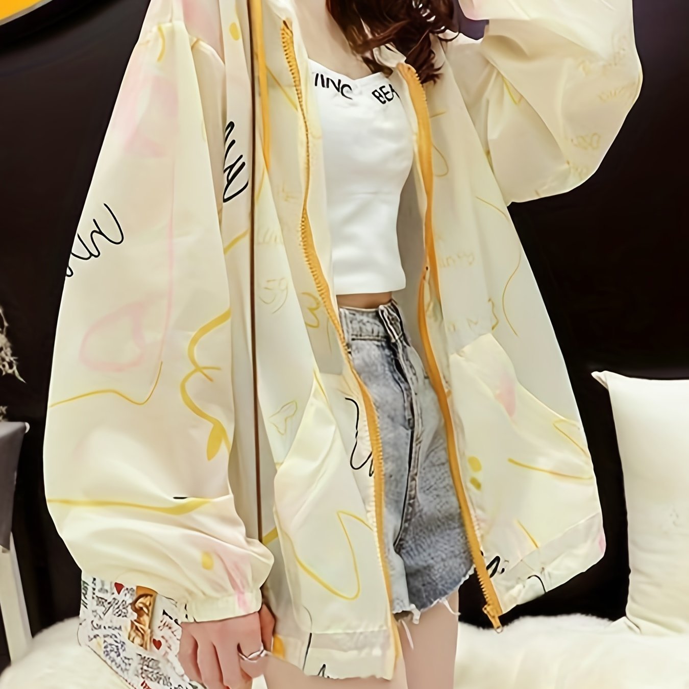 gbolsos Abstract Print Loose Hooded Jacket, Casual Zip Up Long Sleeve Outerwear, Women's Clothing