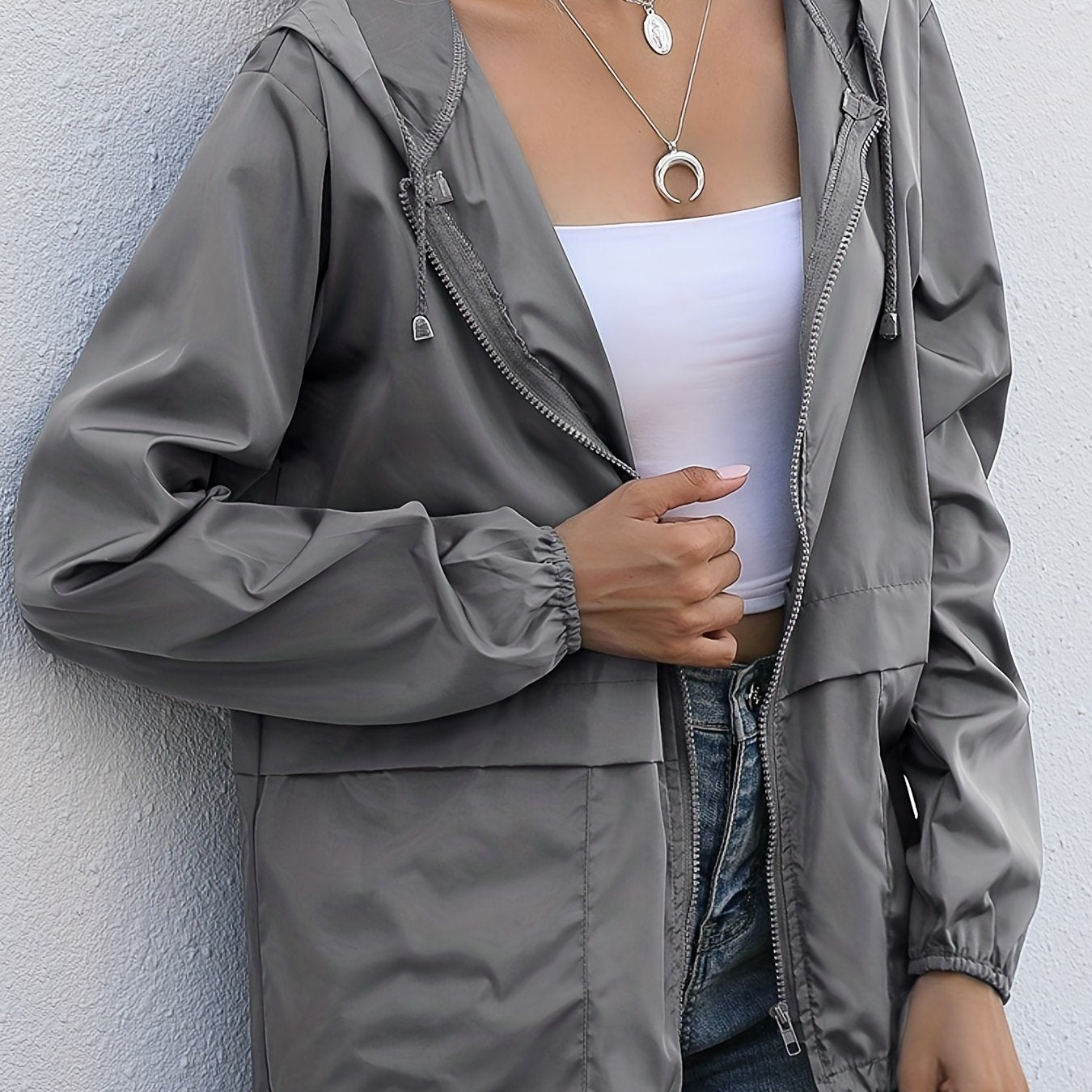 gbolsos Drawstring Solid Hooded Jacket, Casual Long Sleeve Versatile Outerwear, Women's Clothing