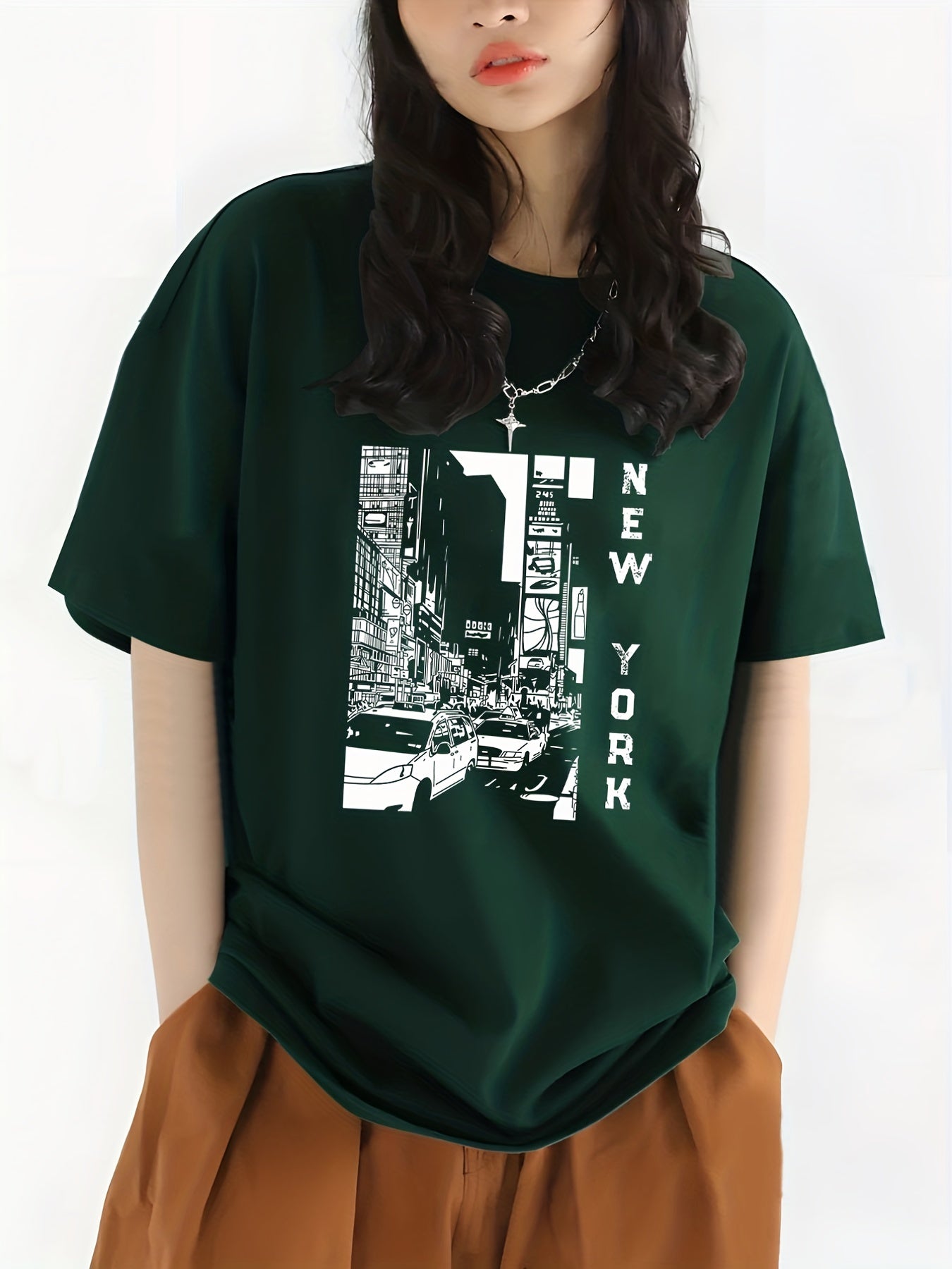 gbolsos City View & New York Letter Print Crew Neck Casual T-Shirt, Solid Color Short Sleeve Fashion Pullover Top, Women's Clothing