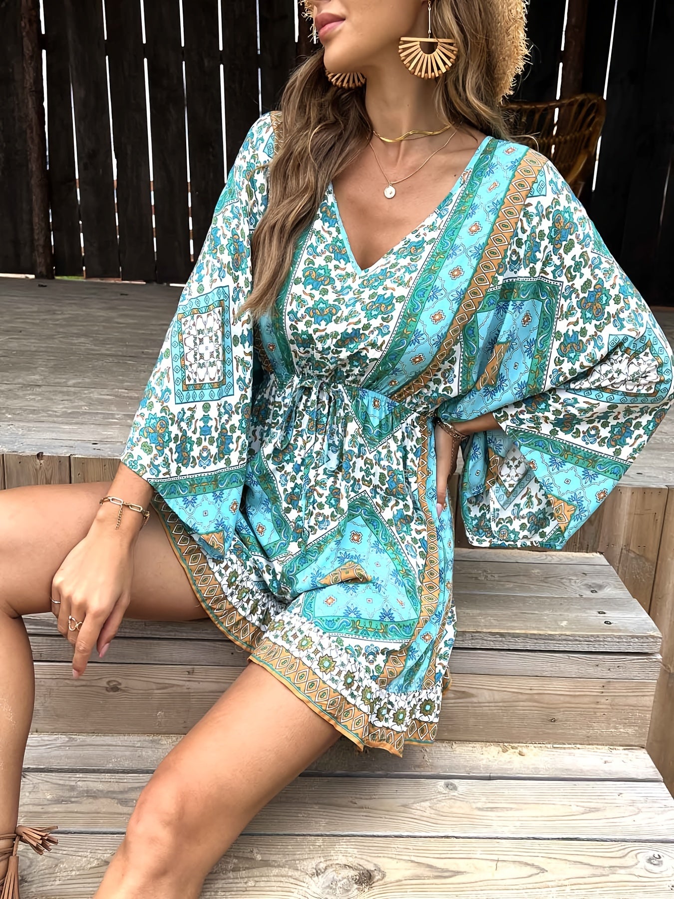 elveswallet Bohemian Print Lace Up Waist Jumpsuit, Boho Long Sleeve V-neck Loose Jumpsuit, Women's Clothing