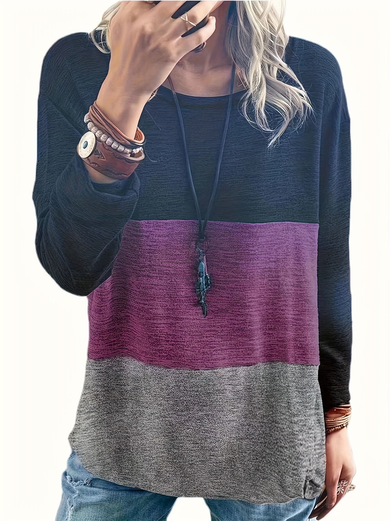 Plus Size Casual Top, Women's Plus Colorblock Long Sleeve Round Neck Medium Stretch Top