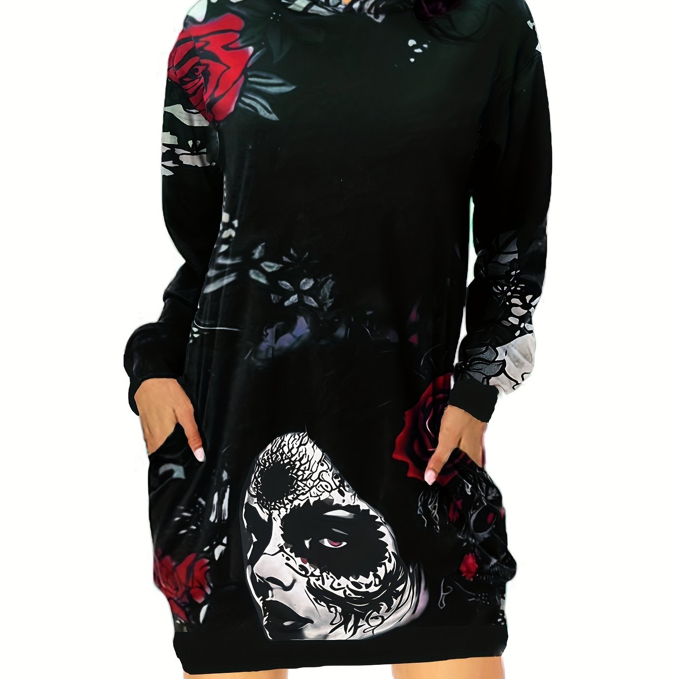 gbolsos Skull & Flower Print Dress, Gothic Hooded Long Sleeve Mini Dress With Pockets, Women's Clothing