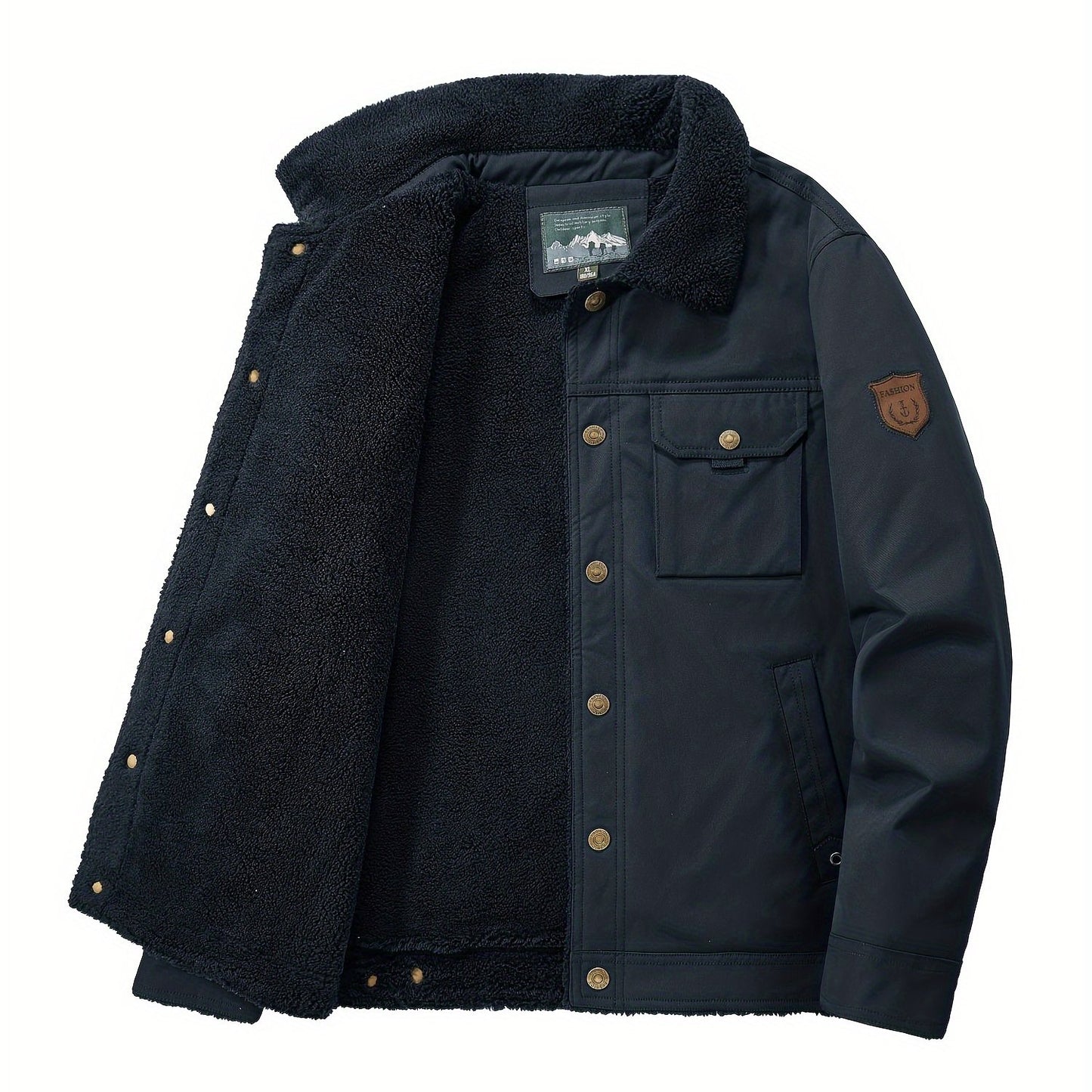 gbolsos Warm Fleece Windbreaker Jacket, Men's Casual Lapel Multi Pocket Cargo Jacket Coat For Fall Winter Outdoor Activities