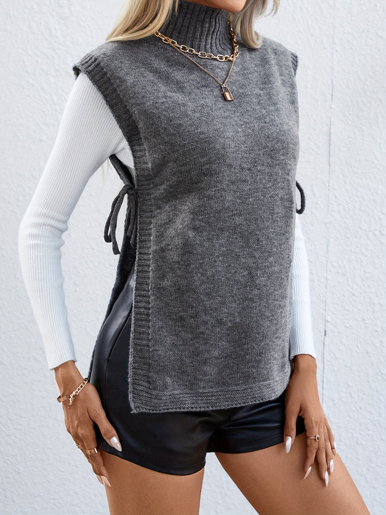 gbolsos Solid Tie Side Turtleneck Top, Casual Knitted Sleeveless Top For Fall & Winter, Women's Clothing