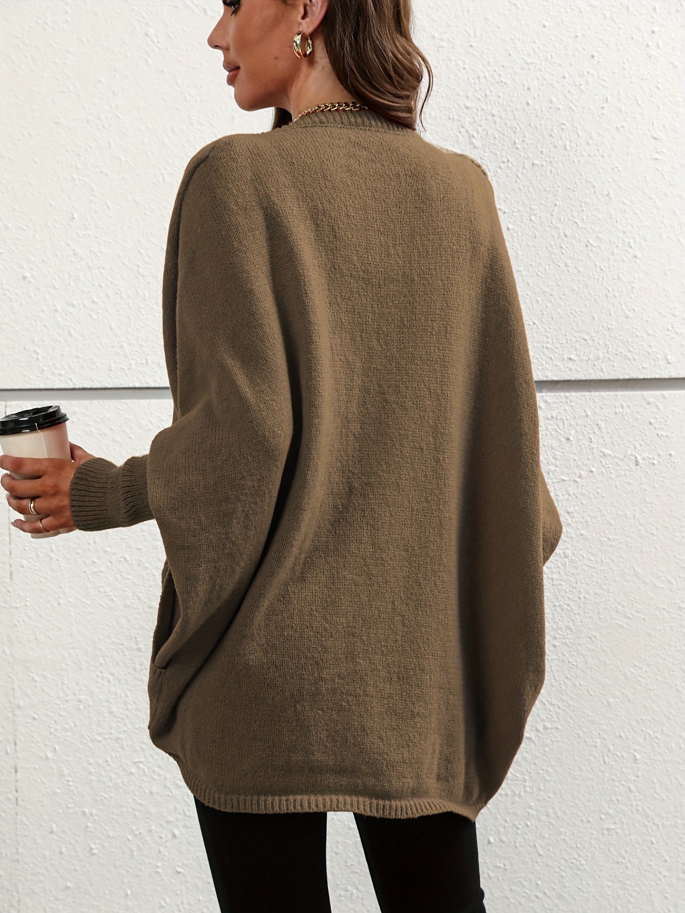 gbolsos Solid Pocket Knitted Cardigan, Casual Batwing Sleeve Knit Outwear For Fall & Winter, Women's Clothing