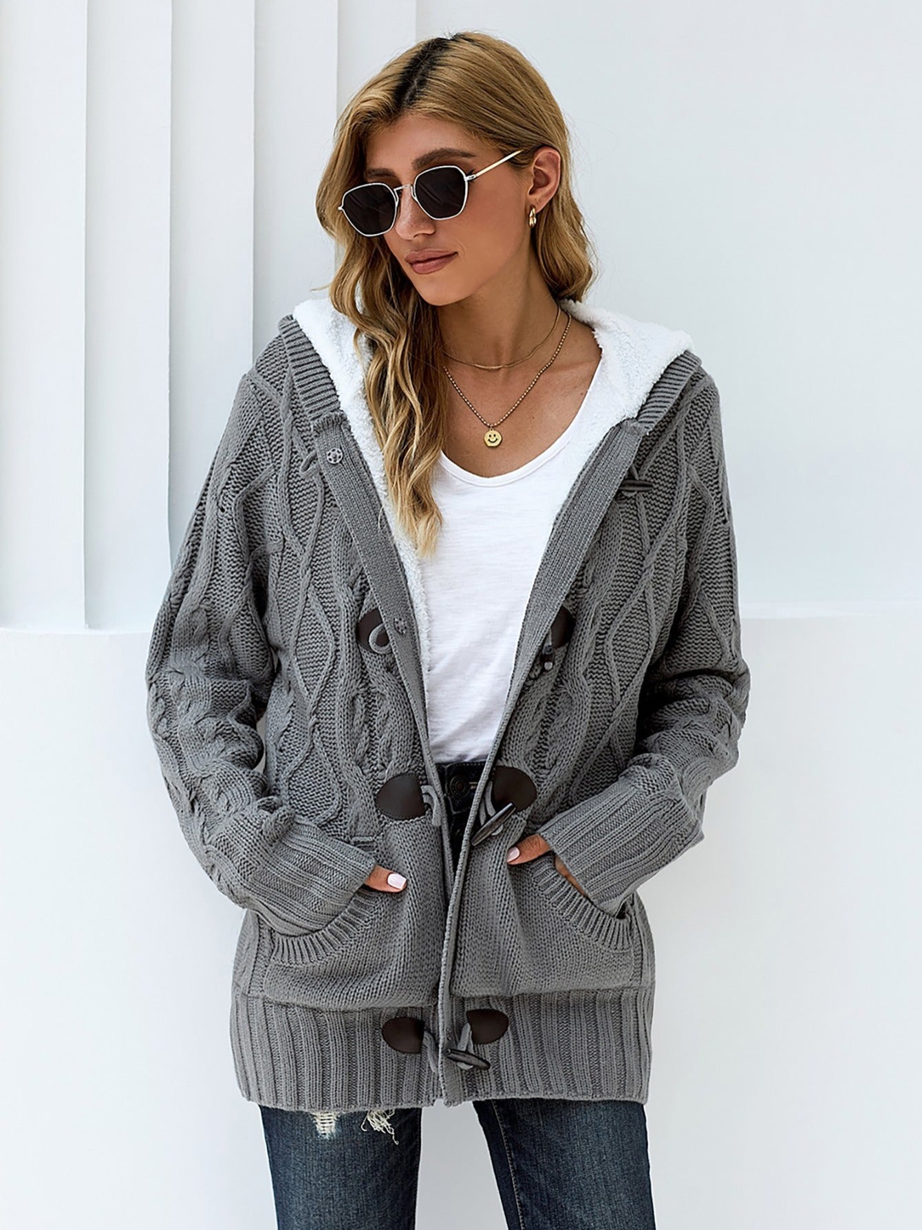 gbolsos Women's Outerwear Raw Hooded Flare Button Sweater Cardigan