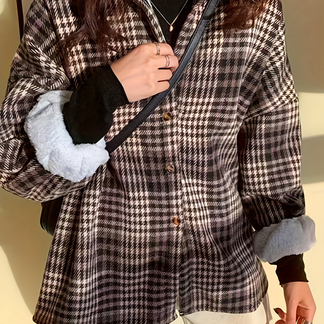 gbolsos Plaid Print Single Breasted Jacket, Versatile Long Sleeve Thermal Outwear, Women's Clothing
