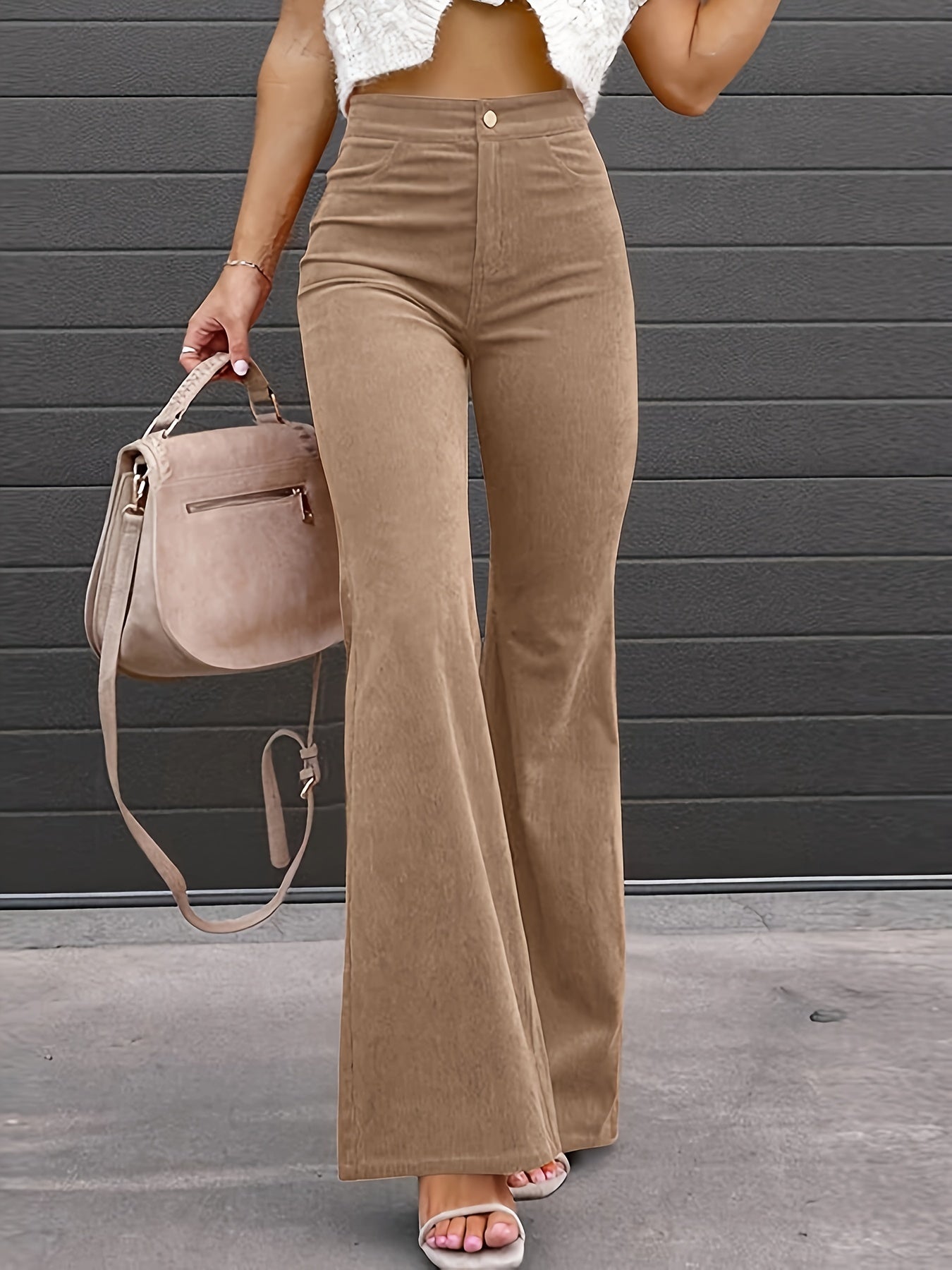 gbolsos Solid Color Corduroy Flare Leg Pants, Elegant Forbidden Pocket Pants For Spring & Fall, Women's Clothing