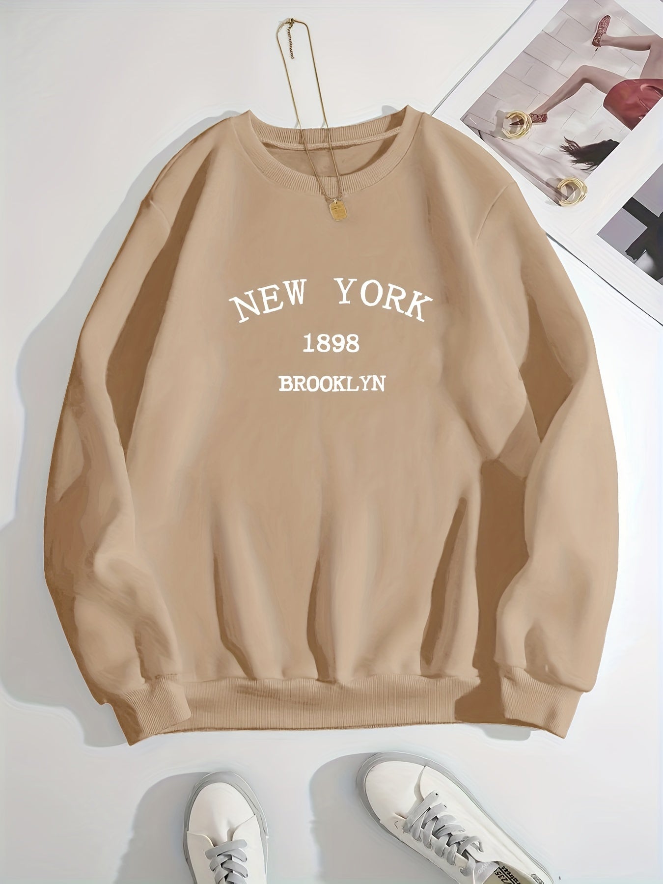 New York Brooklyn Print Loose Sweatshirt, Casual Long Sleeve Crew Neck Sweatshirt, Women's Clothing