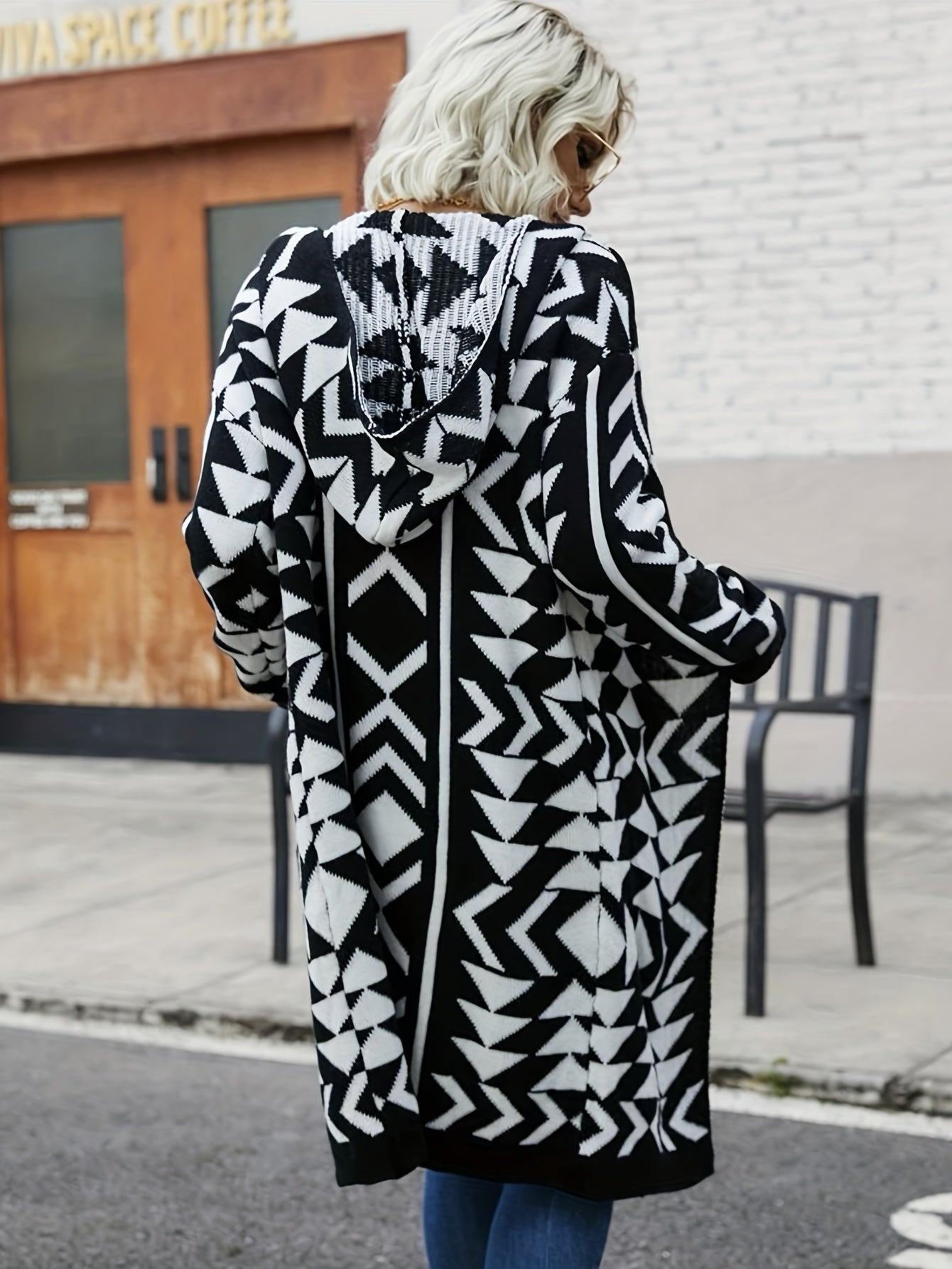 Geometric Pattern Open Front Hooded Cardigan, Casual Long Sleeve Long Length Cardigan For Fall & Winter, Women's Clothing