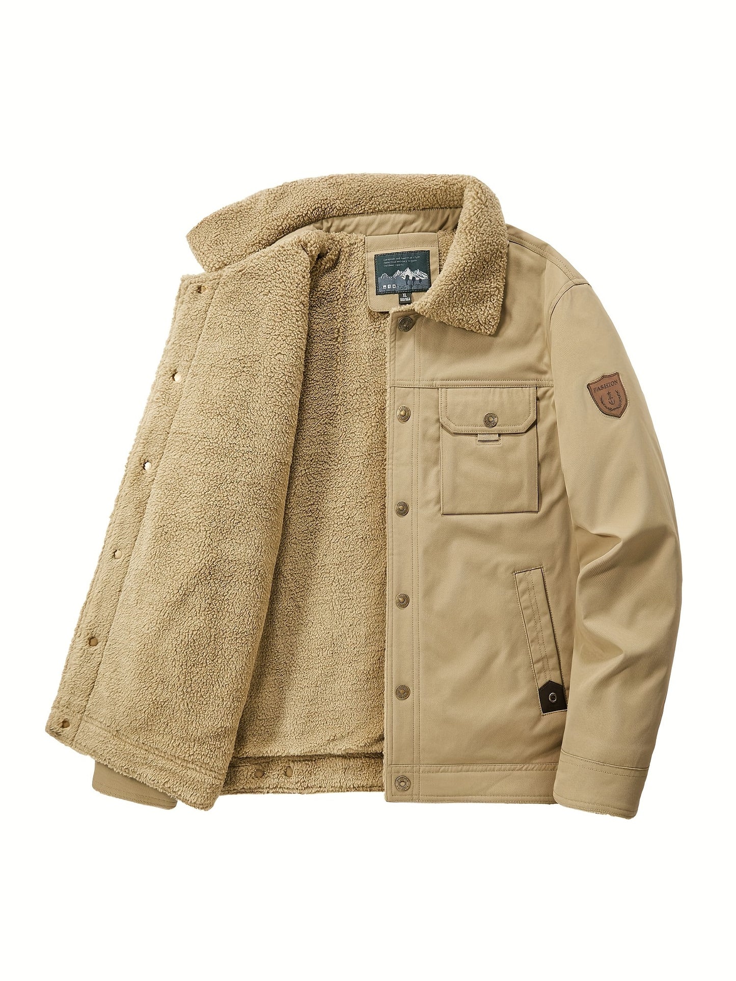 gbolsos Warm Fleece Windbreaker Jacket, Men's Casual Lapel Multi Pocket Cargo Jacket Coat For Fall Winter Outdoor Activities