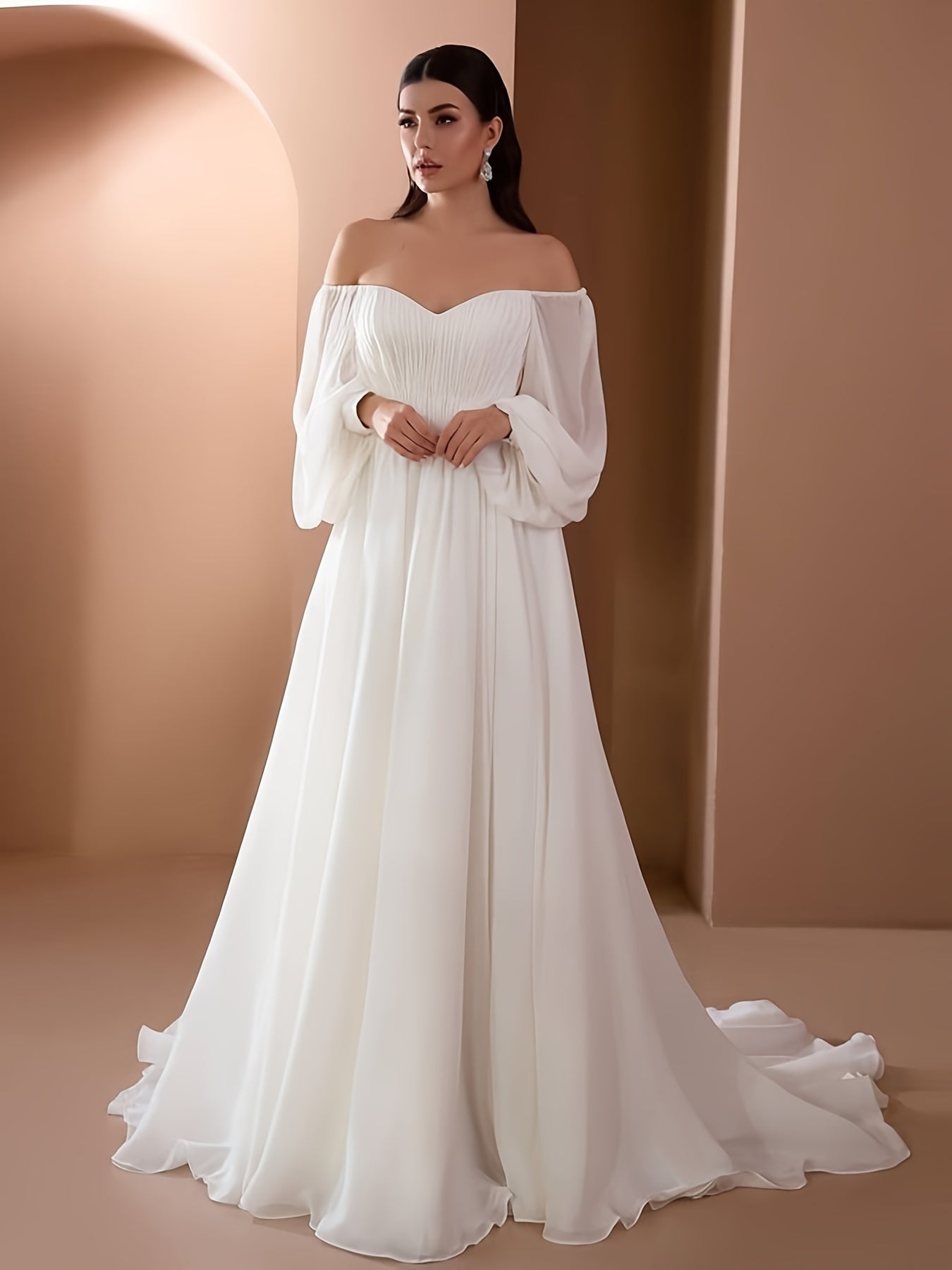 gbolsos Off Shoulder Gown Wedding Dresses, Elegant Solid Ruched Mopping High Waist Dress For Wedding Party, Women's Clothing