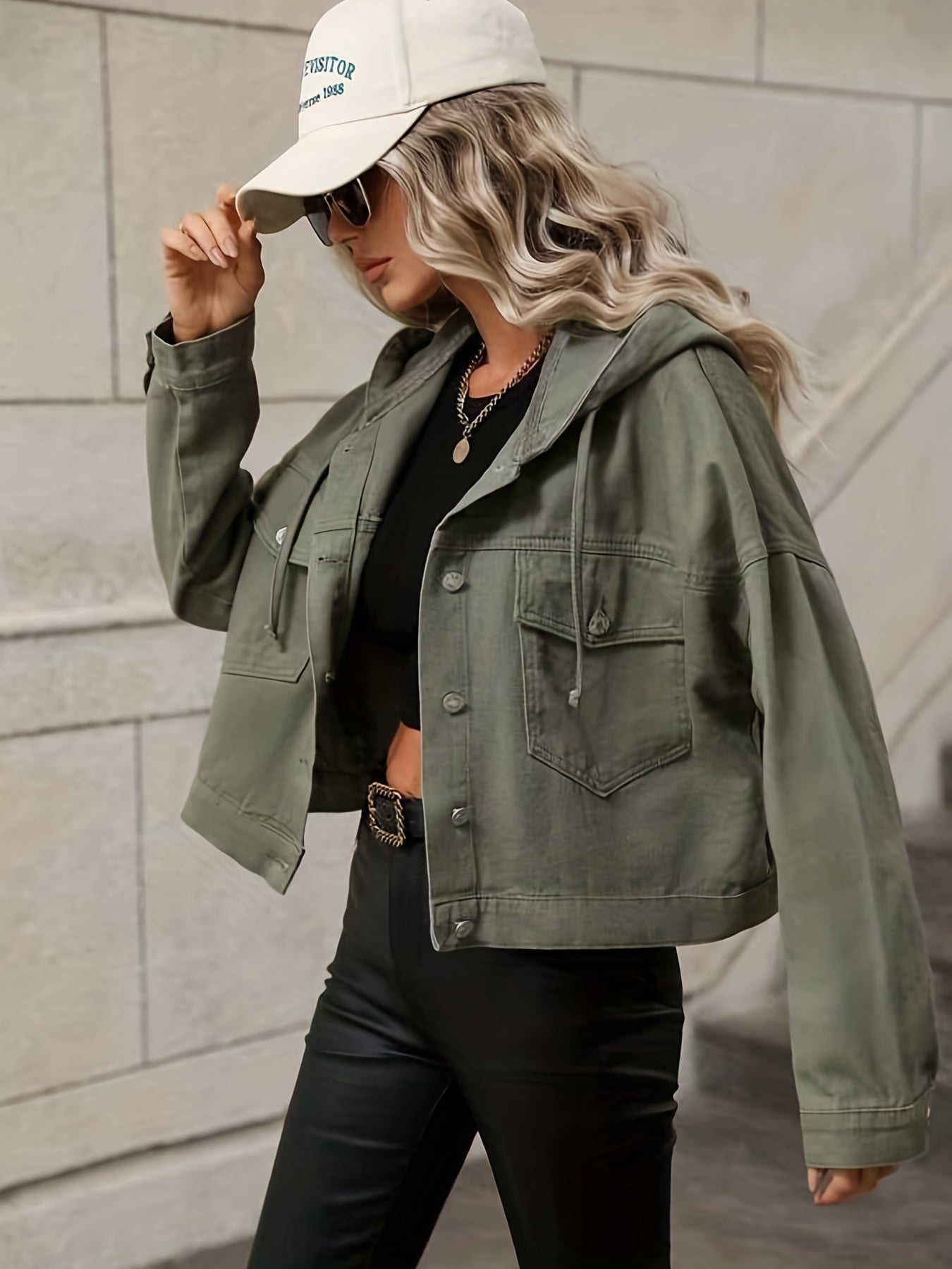 gbolsos Green Long Sleeves Denim Jackets, Flap Pockets Non-Stretch Hooded Denim Coats, Women's Denim Clothing