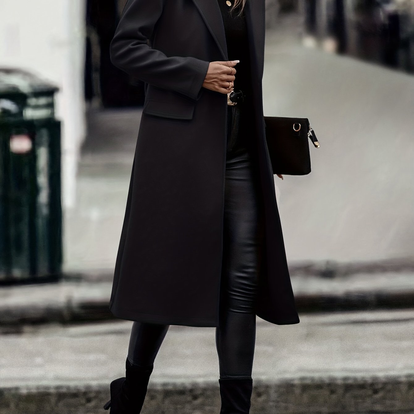 gbolsos Solid Color Open Front Trench Coat, Elegant Lapel Neck Long Sleeve Belted Coat, Women's Clothing