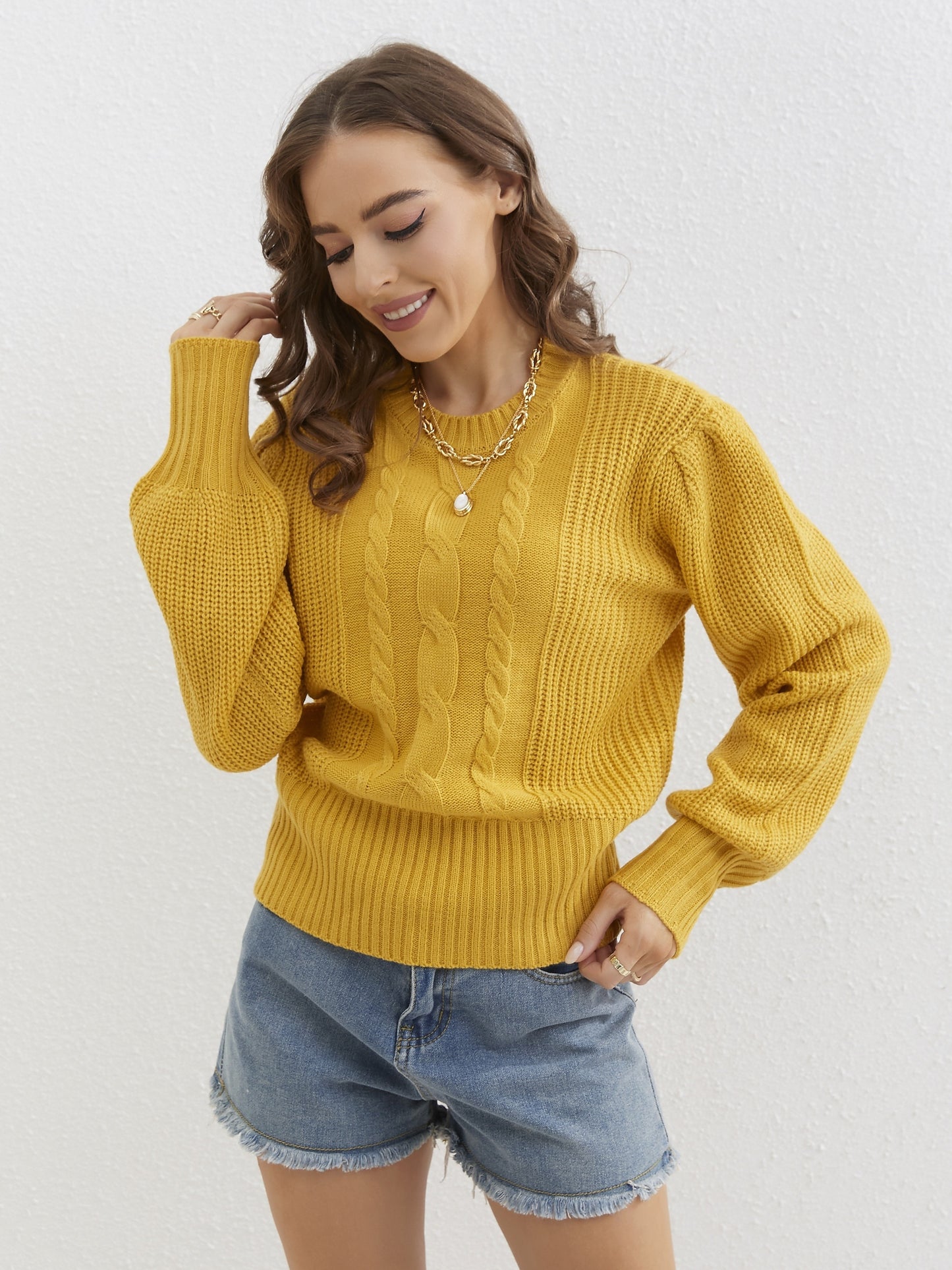 gbolsos Twist Patten Crew Neck Pullover Sweater, Casual Lantern Sleeve Sweater For Fall & Winter, Women's Clothing